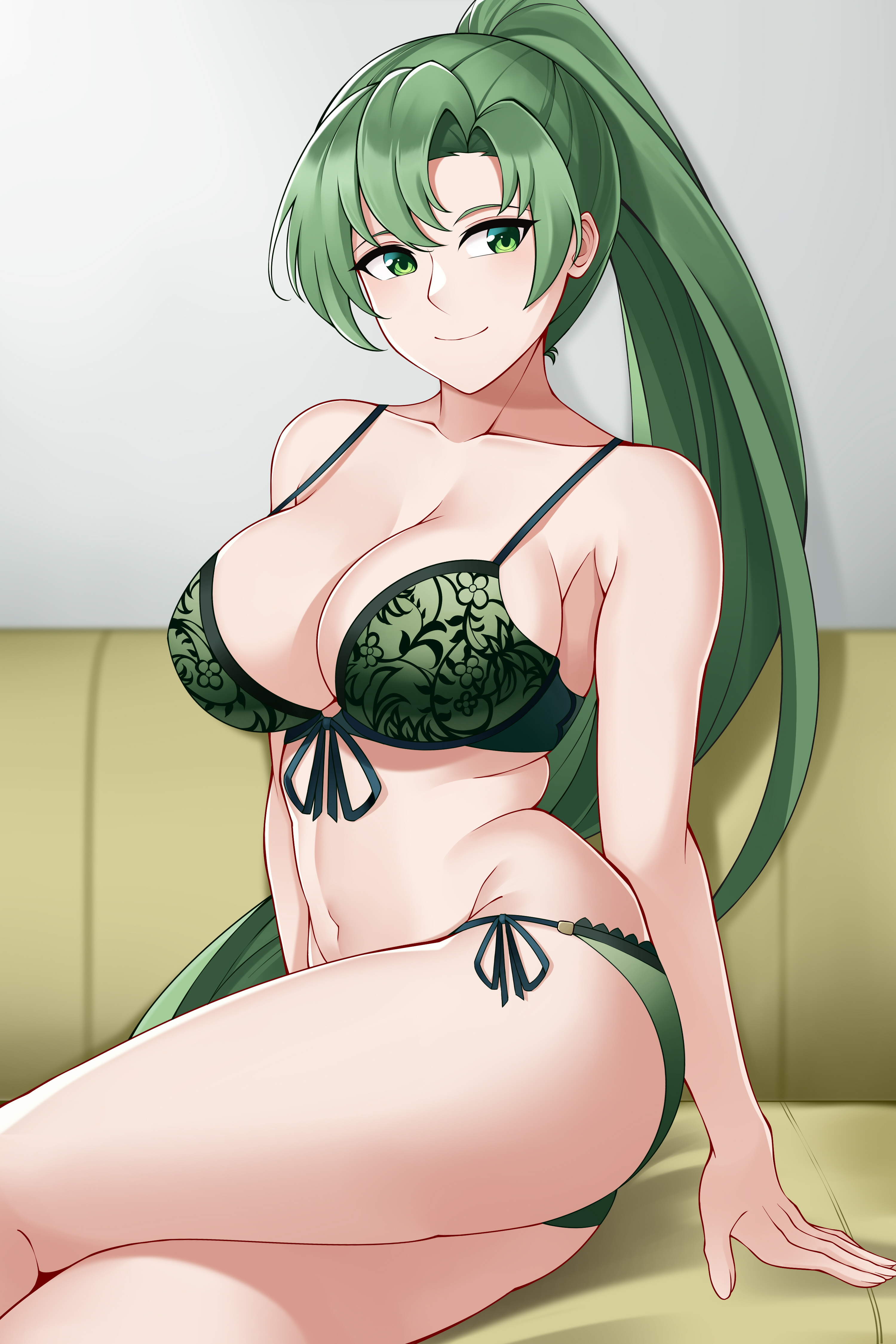 1girls, aslindsamure, bra, female, female only, fire emblem, fire emblem: the blazing blade, green eyes, green hair, green lingerie, legs crossed, lingerie, looking at viewer, lyn (fire emblem), lyndis (fire emblem), nintendo, sitting, solo