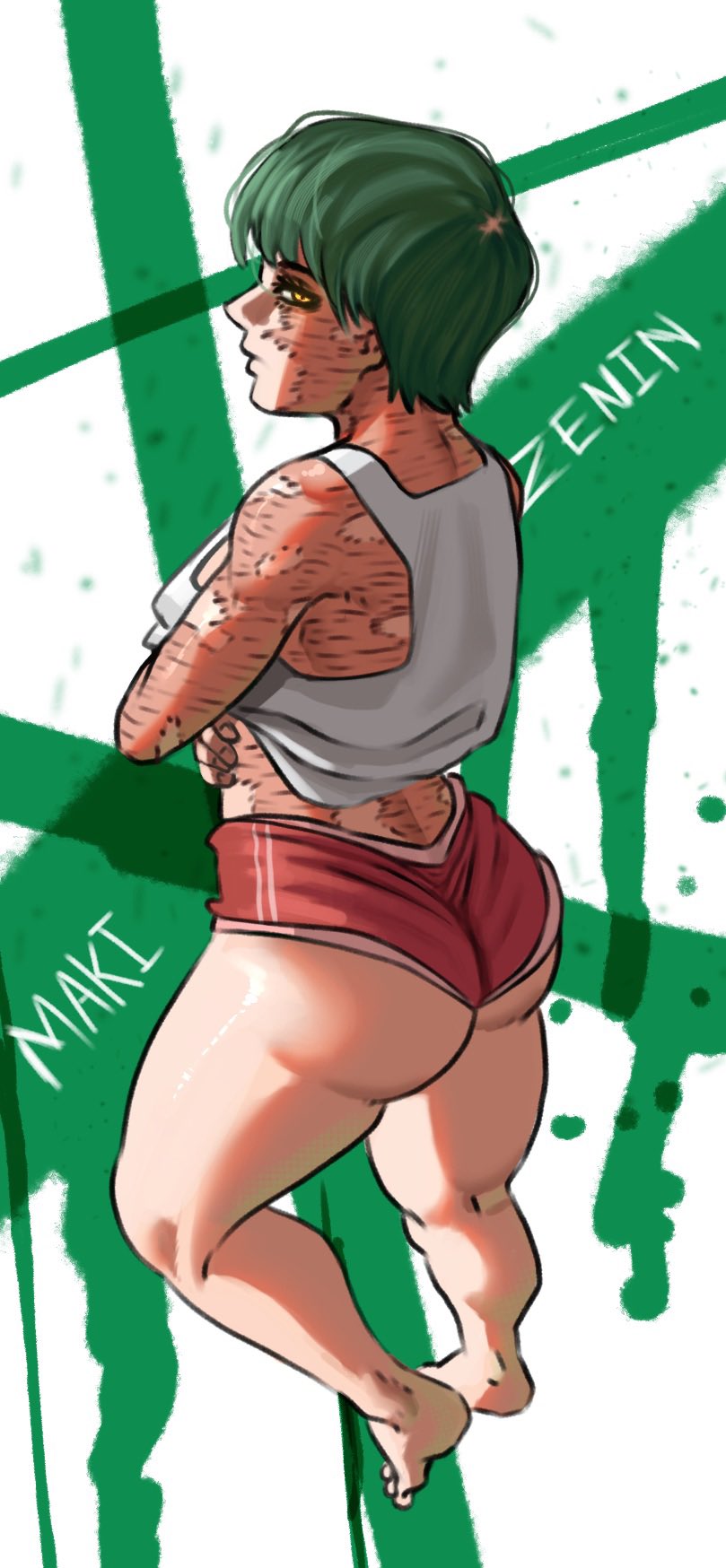 ass barefoot booty_shorts feet green_hair hot_pants incinerated_art jujutsu_kaisen muscular_female scar short_hair tank_top very_short_hair yellow_eyes zenin_maki