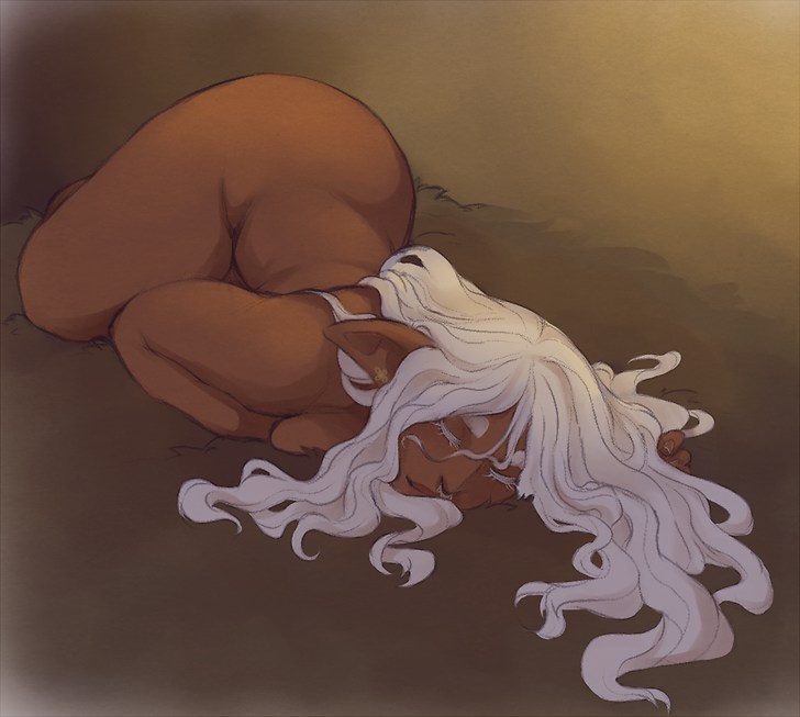 anoki ass big_ass breasts dark-skinned_female dark_skin elf elf_female female large_hips long_ears lying_down nose_piercing nude sleeping thick_thighs white_hair