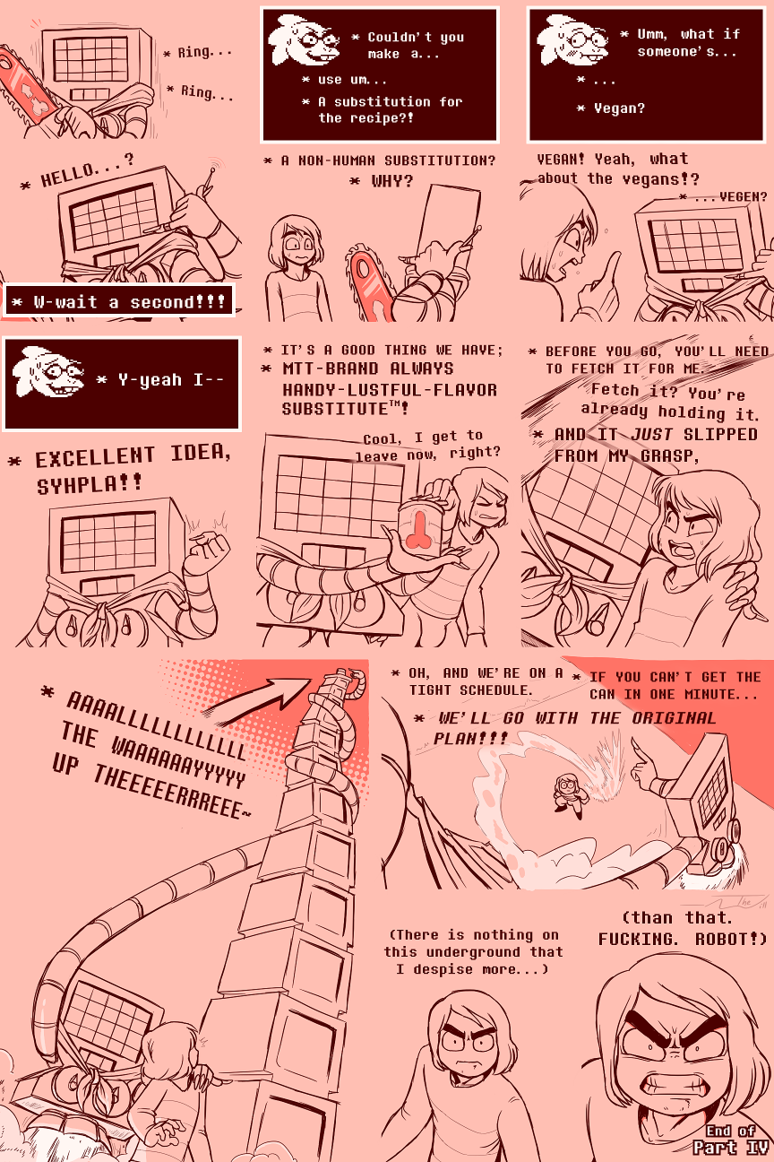 alphys angry bodily_fluids chainsaw clenched_teeth clothing comedy comic dialogue digital_media_(artwork) english_text female frisk frisky_(under(her)tail) funny hi_res human humor machine male mammal mettaton mettie power_tool robot sweat syhpla teeth text thewill tools under(her)tail undertale undertale_fanfiction video_games