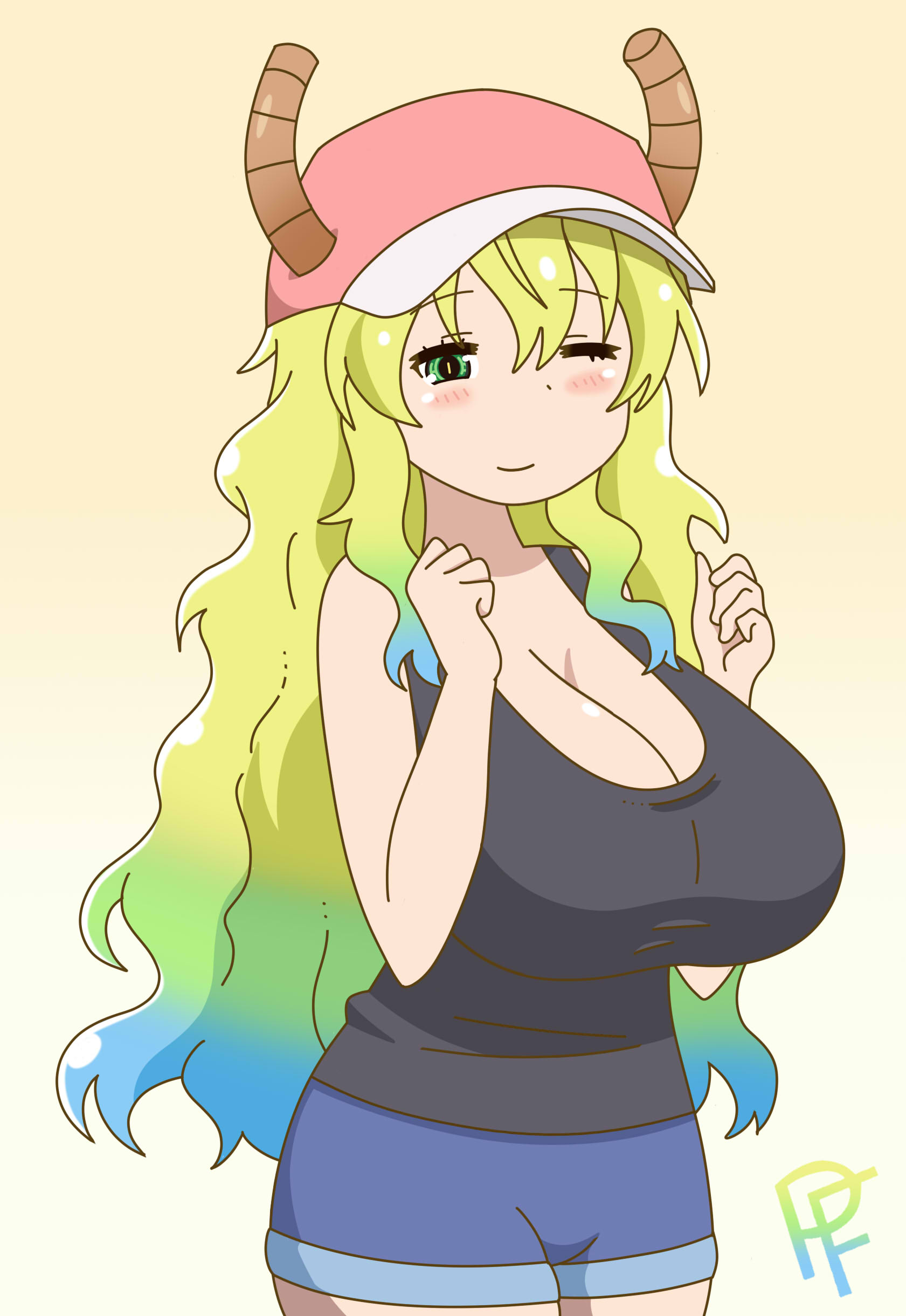 1girls, arms up, bangs, bare shoulders, baseball cap, big breasts, black tank top, blonde hair, blue hair, blush, breasts, cleavage, female, green eyes, hair between eyes, horns, huge breasts, jean shorts, long hair, miss kobayashi's dragon maid, multicolored hair, one eye closed, quetzalcoatl (dragon maid), shorts, simple background, smile, tank top