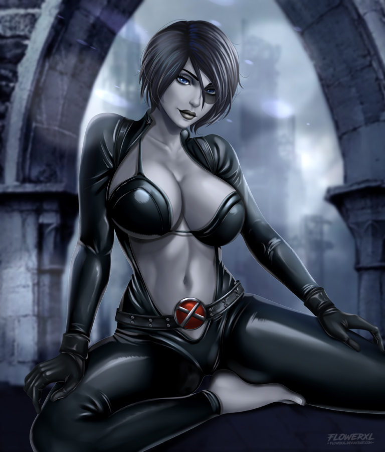 1girls, belly button, belt, big breasts, black bodysuit, black clothes, black clothing, black gloves, black hair, black lips, blue eyes, bodysuit, breasts, cleavage, domino (marvel), feet, female, female only, flowerxl, gloves, grey body, homo superior, large breasts, looking at viewer, marvel, marvel comics, mutant, neena thurman, short hair, solo, superheroine, tight clothing, white skin, x-force, x-men