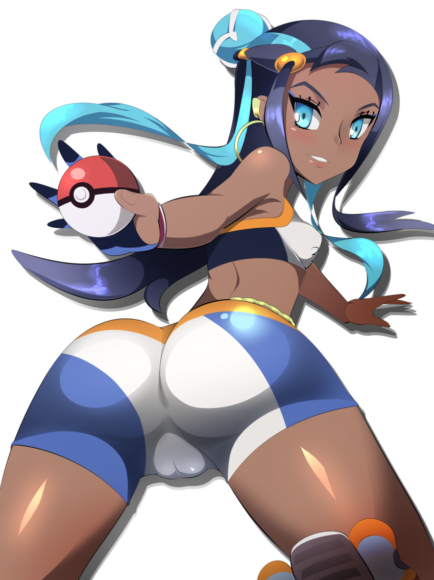 1girls, ass, bare back, breasts, dark skin, dark-skinned female, female, grin, leg up, looking at viewer, nessa (pokemon), nintendo, pokeball, pokemon, pokemon ss, shorts, source request