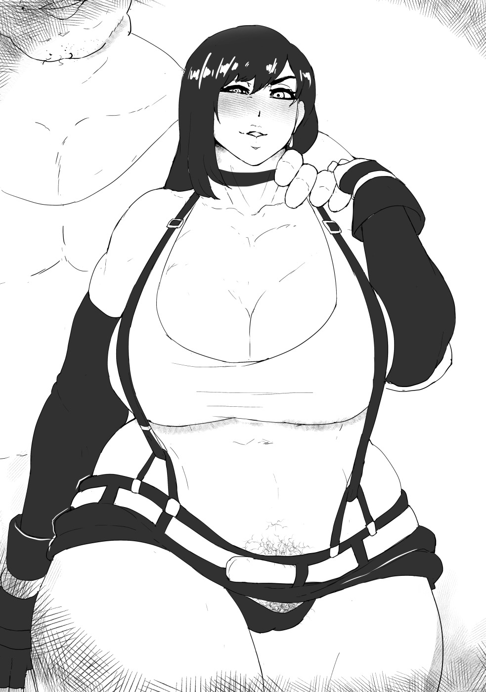1boy, 1girls, belt, big breasts, black gloves, black hair, black skirt, black thong, black underwear, blush, blushing, breasts, busty, cameltoe, choker, cleavage, clothing, collarbone, crop top, curvy, donaught, earrings, elbow gloves, elbow pads, eyelashes, faceless male, female, female focus, final fantasy, final fantasy vii, fingerless gloves, fully clothed, gloves, hairy, hairy pussy, hand on shoulder, happy trail, highres, huge breasts, large breasts, lips, long hair, looking at viewer, male, miniskirt, monochrome, navel, open mouth, pubes, pubic hair, pussy, sexually suggestive, size difference, skirt, smile, smiling, standing, suspender skirt, suspenders, thick thighs, thong, tifa lockhart, ugly bastard, underwear, venus body, video game, video games, voluptuous, white background, wide hips