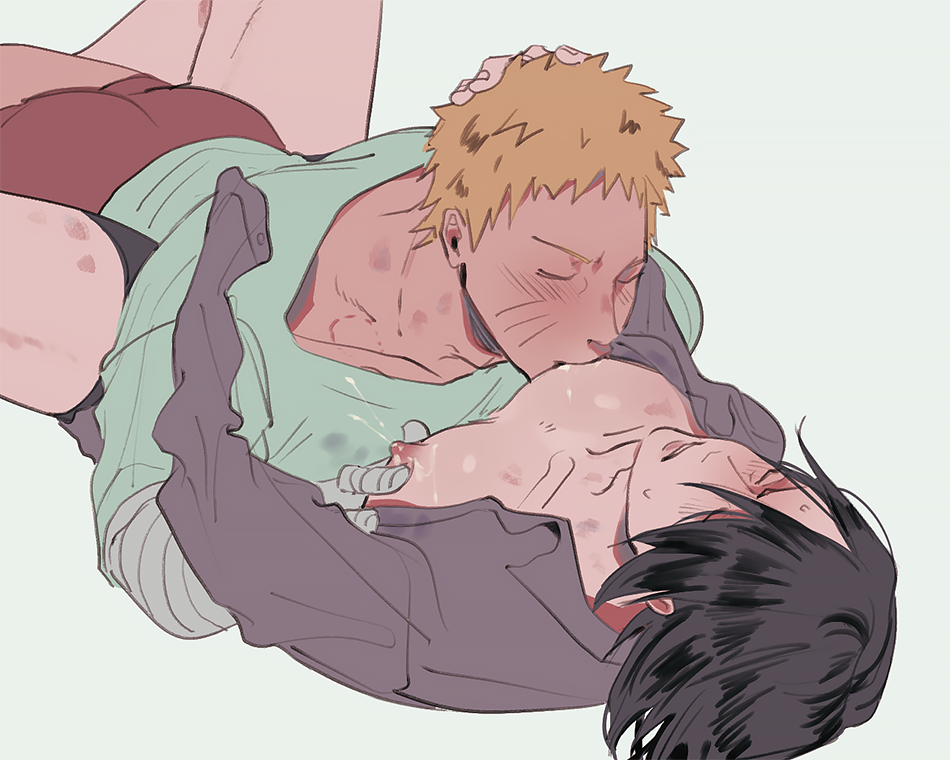 2boys bandage bandaged_arm bandaged_hand black_hair blonde_hair boruto:_naruto_next_generations closed_eyes clothing dodo_(artist) gay hand_on_head lactation male male_lactation male_nipples male_only mature_male milk missionary_position naruto naruto_(series) netorare nipple_pinch nipple_suck nipple_sucking nipple_tweak nippleplay nipples ntr open_clothes open_shirt pecs sasuke_uchiha sex shirt short_hair t-shirt thighs uzumaki_naruto whisker_markings whiskers yaoi yellow_hair