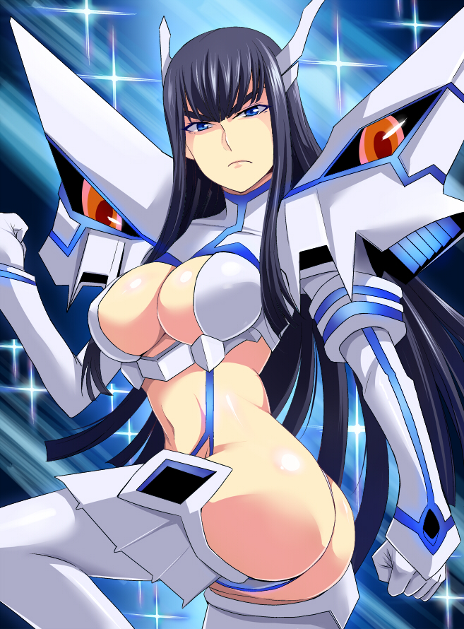 1girls, ass, bangs, black hair, black-haired female, blue eyes, blunt bangs, boots, breasts, cleavage, cleavage cutout, clenched hands, elbow gloves, female, gloves, hair ornament, hairclip, hime cut, junketsu, kill la kill, kiryuuin satsuki, large breasts, long hair, nishida megane, revealing clothes, suspenders, thigh high boots, twisted torso