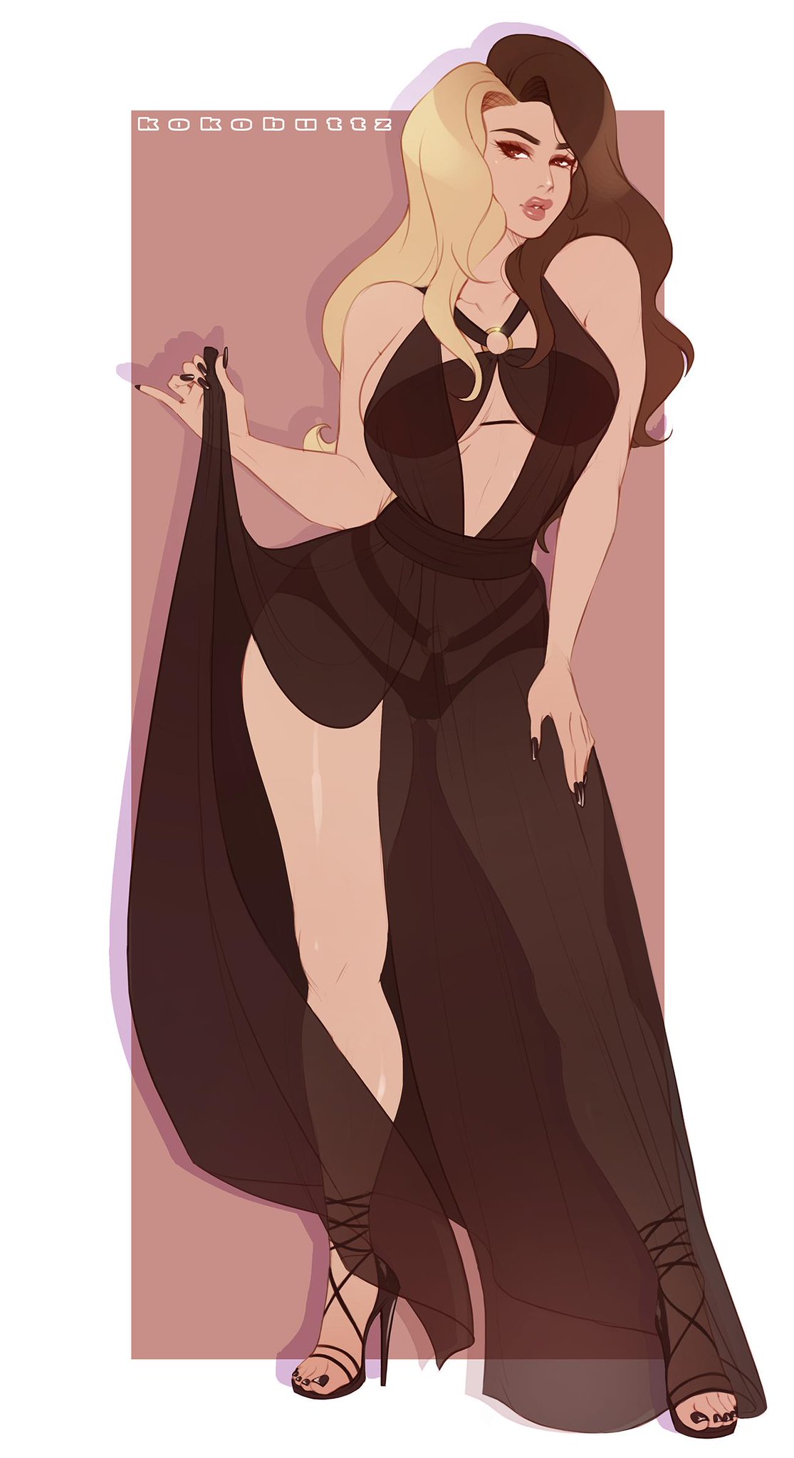 1girls, artist name, blonde hair, bra, brown hair, clothing, dress, female, female only, hair, high heels, kokobuttz, long hair, panties, sandals, see-through, solo, two-tone hair, watermark
