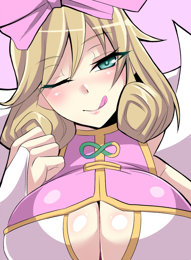 1girls, aqua eyes, bow, breasts, brown hair, center opening, cleavage, cleavage cutout, dress, female, hairbow, haruka (senran kagura), head tilt, large breasts, nishida megane, one eye closed, senran kagura, tongue, tongue out, upper body