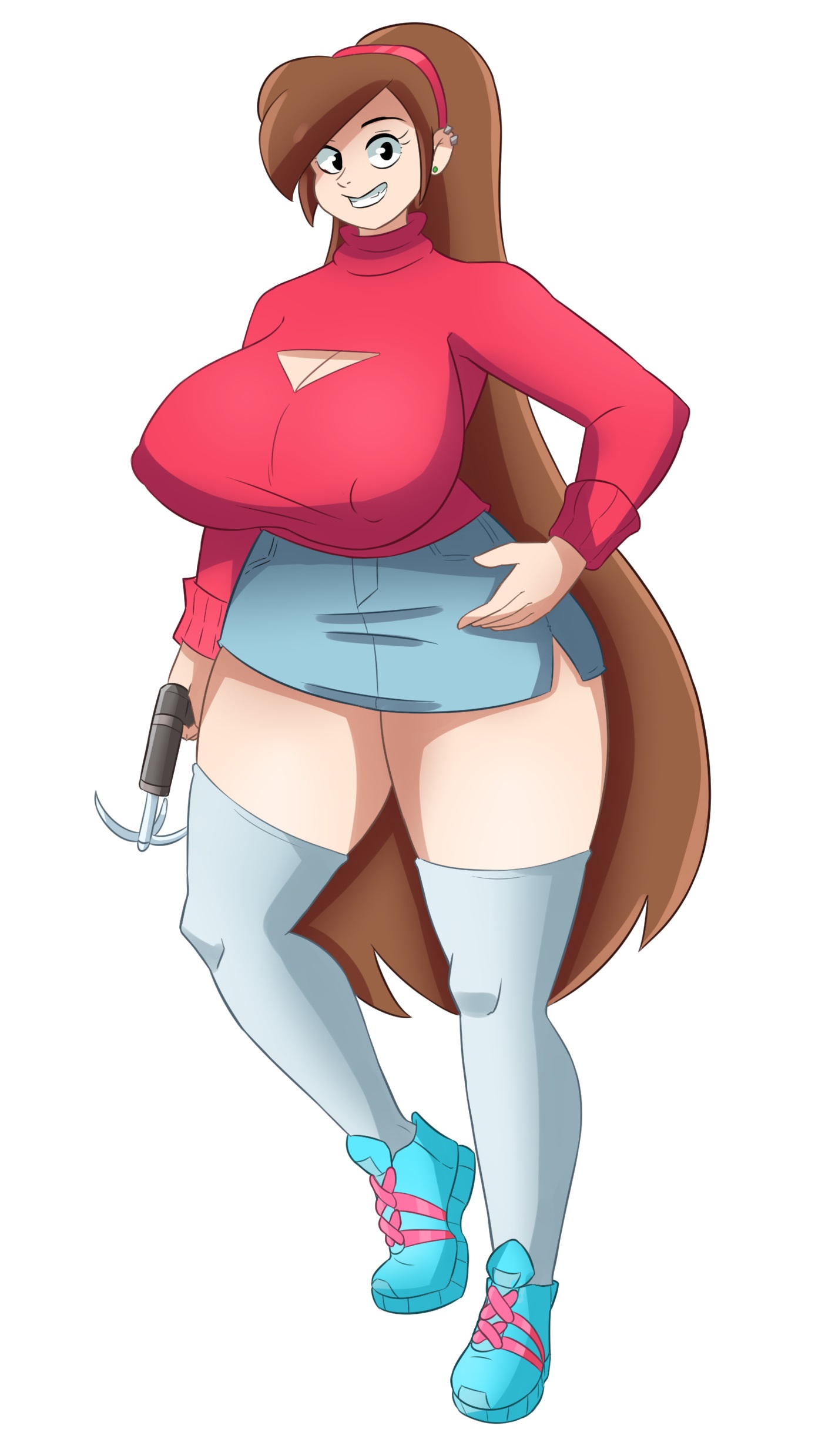 1girls, aged up, big breasts, breasts, brown hair, cleavage, cleavage cutout, disney, disney channel, disney xd, female, full body, grappling hook, gravity falls, hand on hip, legs, long hair, looking at viewer, mabel pines, rexcrash64, skirt, smile, solo, straight hair, sweater, weapon, white female