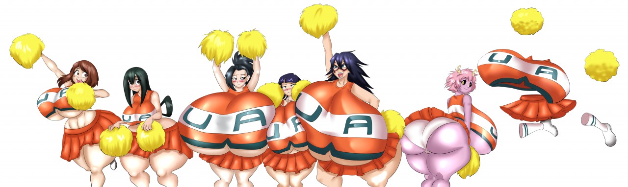 ass, breasts, cheerleader, cheerleader uniform, female, gigantic ass, gigantic breasts, hagakure tooru (invisible), huge breasts, hyper ass, hyper breasts, invisible girl, kyoka jiro, long hair, marauder6272, midnight (my hero academia), mina ashido, momo yaoyorozu, my hero academia, nemuri kayama, ochako uraraka, pom poms, presenting breasts, presenting hindquarters, thick thighs, tooru hagakure, tooru hagakure (invisible), tsuyu asui, u.a. cheerleader outfit