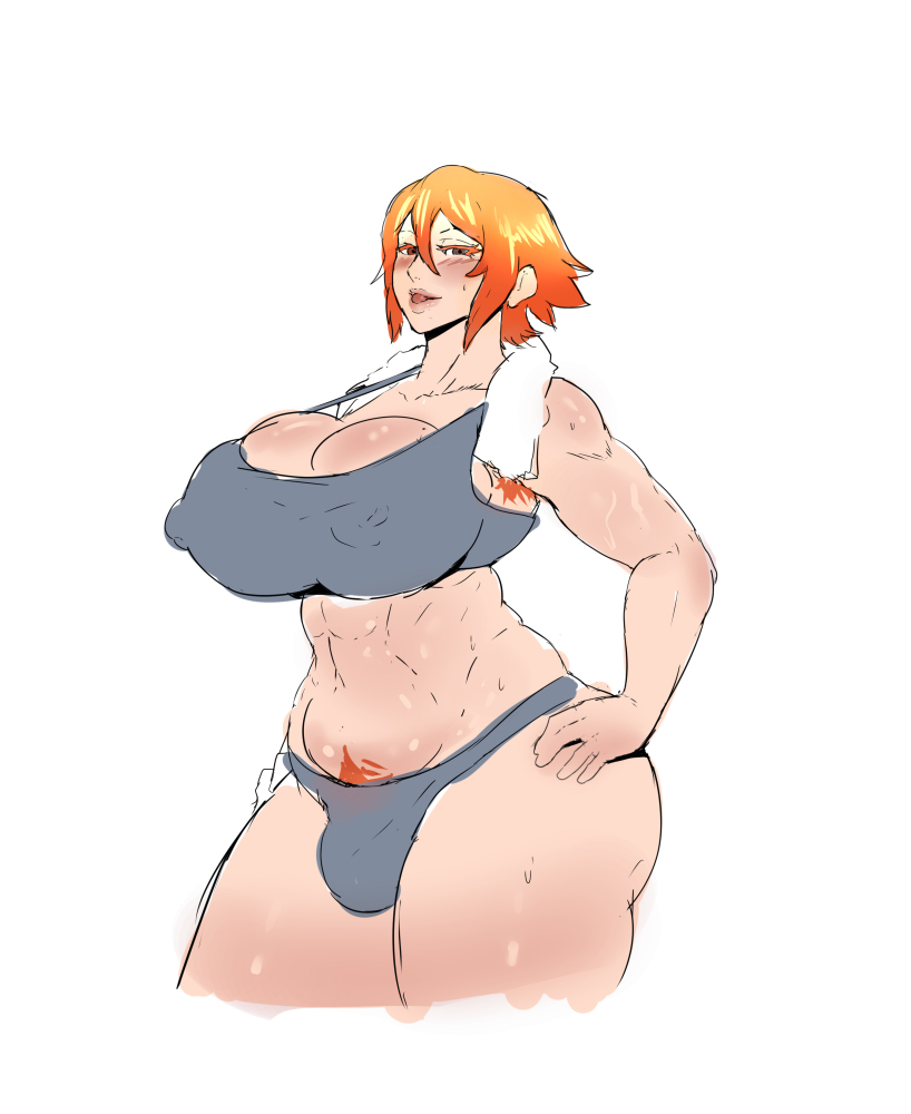 1futa, abs, armpit hair, aroused, balls, balls bulge, balls in panties, balls under clothes, bedroom eyes, blush, blushing, bra, breasts, bulge, busty, cleavage, clothing, curvy, dickgirl, donaught, erect nipples, erect nipples under clothes, flaccid, fully clothed, futa only, futanari, ginger, grey bra, grey panties, grey underwear, hairy, hairy armpits, half-closed eyes, highres, huge breasts, intersex, intersex only, muscles, muscular, muscular dickgirl, muscular futa, muscular intersex, naughty face, navel, nipple bulge, nipple outline, nipples, orange hair, original, original character, panties, panty bulge, penis, penis bulge, penis in panties, penis under clothes, pubes, pubic hair, seductive, seductive smile, sexually suggestive, shiny hair, shiny skin, short hair, smile, solo futa, sports bra, standing, storm (waterproof-pigeon), sweat, sweatdrop, sweaty, thick thighs, towel, towel around neck, underwear, venus body, voluptuous, white background, wide hips