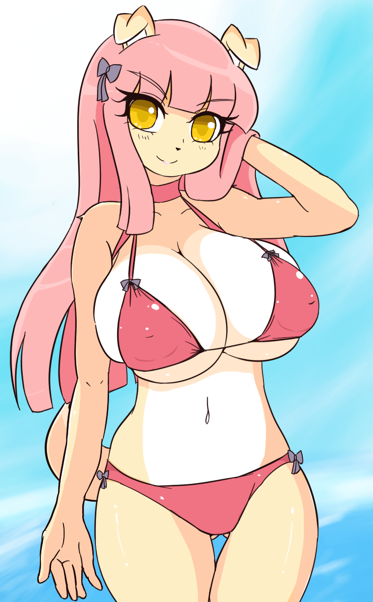 anthro big_breasts bikini breasts canid canine canis clothing domestic_dog female fur hair lucille_lilac mammal nipple_bulge nipple_outline pink_hair seaside solo sugaru swimwear yellow_eyes