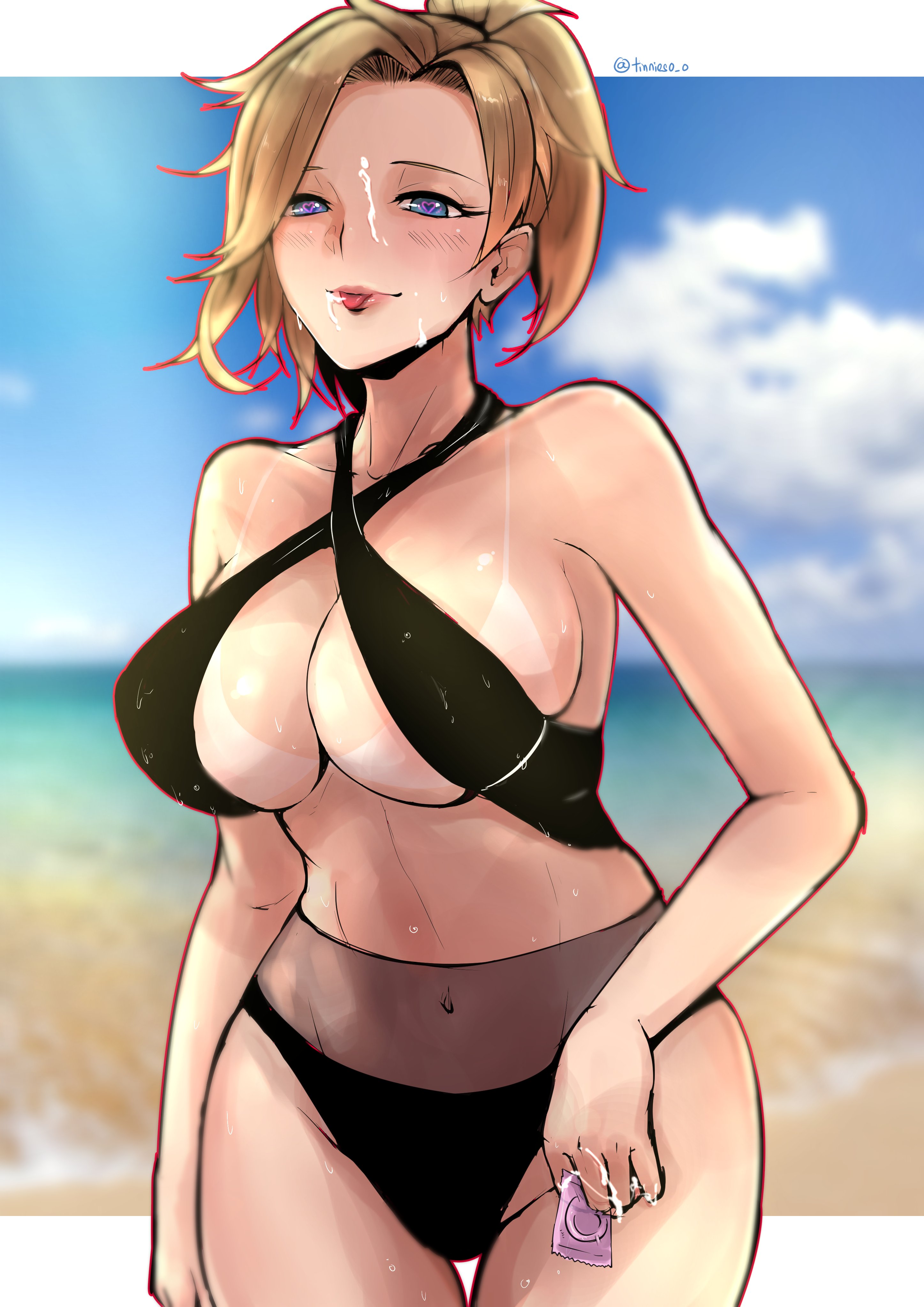 1girls, absurdres, big breasts, blonde hair, blue eyes, breasts, cleavage, female, female only, highres, large breasts, mercy, overwatch, solo, tanline, tinnies