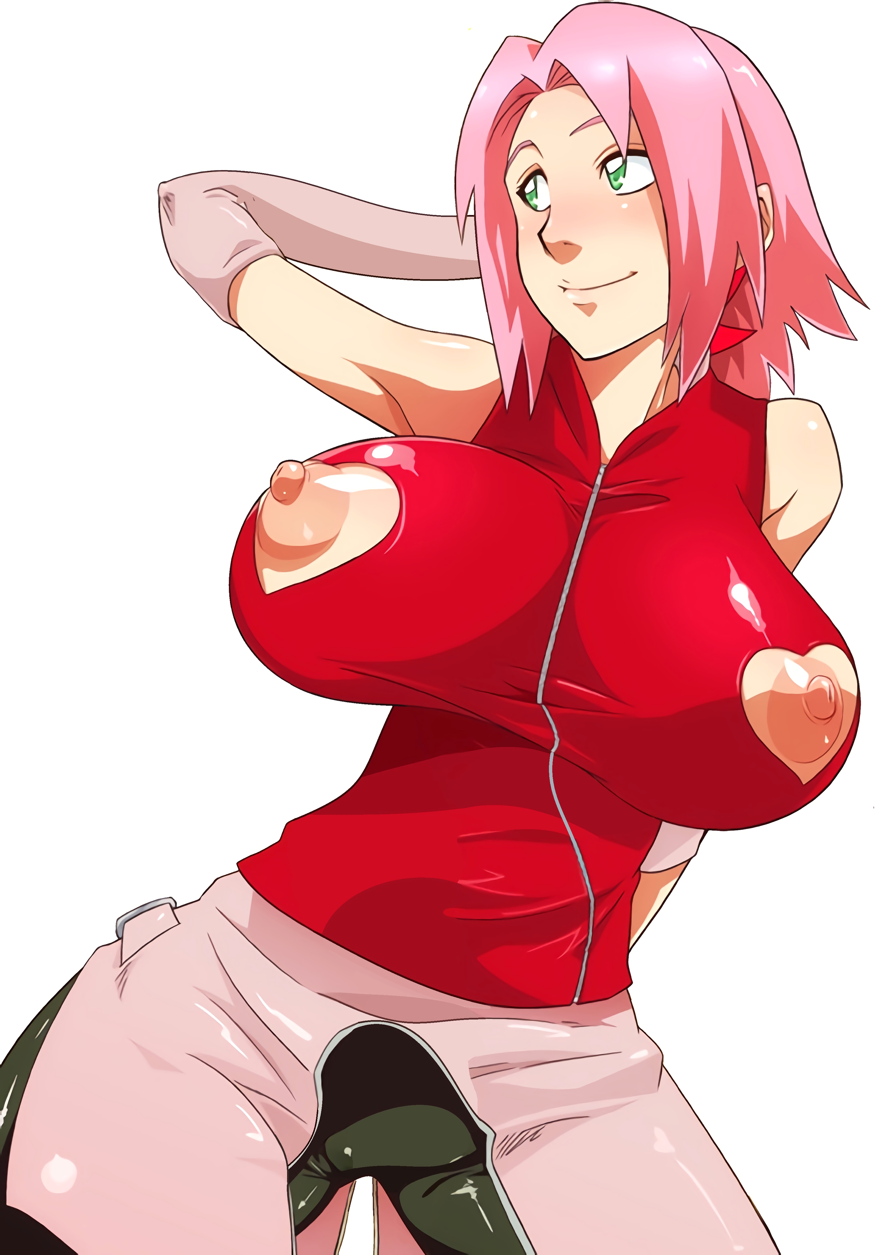 areola, areolae, armpits, arms behind head, big breasts, blush, breasts, busty, clothing, edit, female, female only, fully clothed, green eyes, haruno sakura, heart cutout, large breasts, naruto, naruto (series), naruto shippuden, nipples, oppai, pink hair, sakura haruno, solo, solo female, solo focus, sunahara wataru