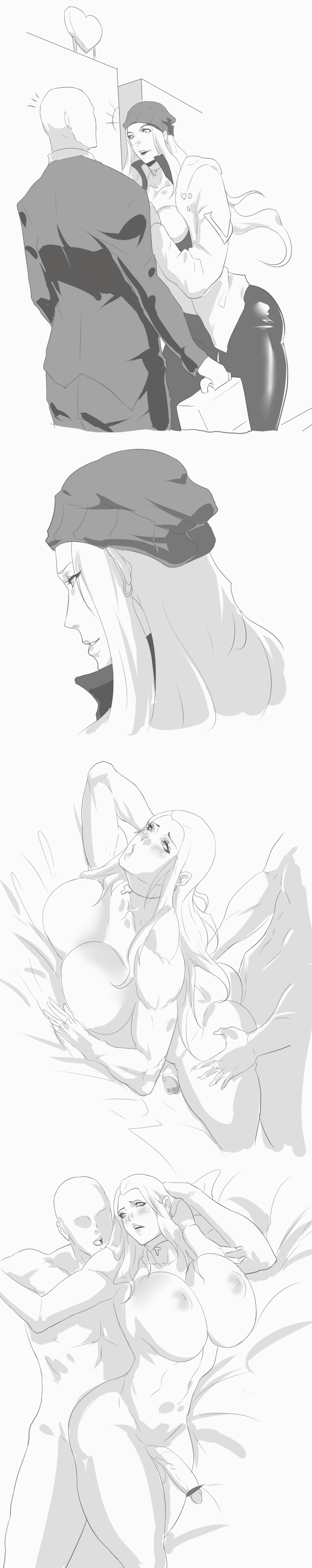 1boy, 1futa, against wall, areolae, balls, big breasts, breasts, futanari, half-erect, intersex, large breasts, male, male on futa, male penetrating, nipples, nude, penis, sex, tenchizone, testicles