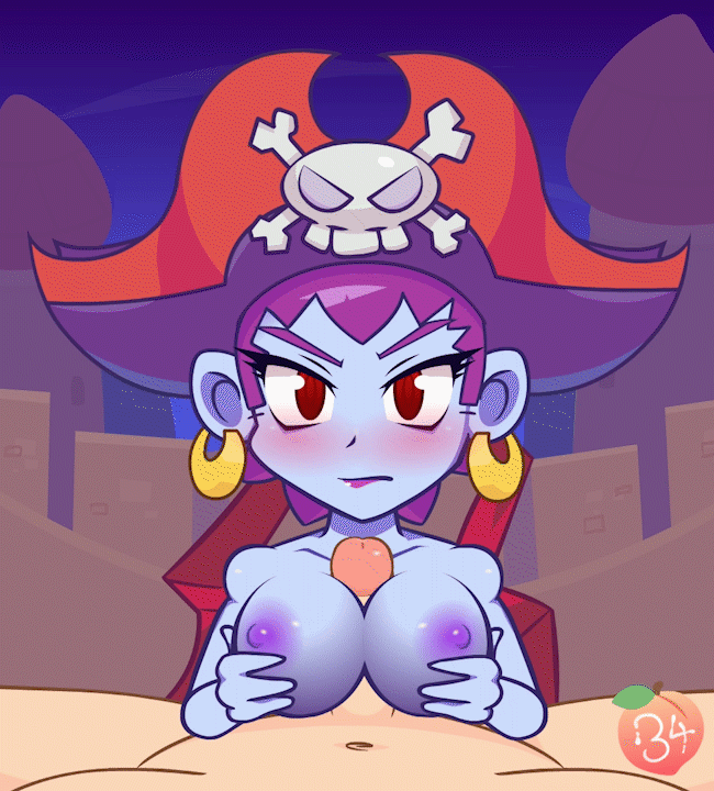 animated, breasts, ear piercing, earrings, female, hat, light skin, light-skinned male, lipstick, male, paizuri, peachypop34, pirate, pirate hat, pov, pov eye contact, purple hair, purple lipstick, purple nipples, red eyes, risky boots, shantae, smooth skin, watermark