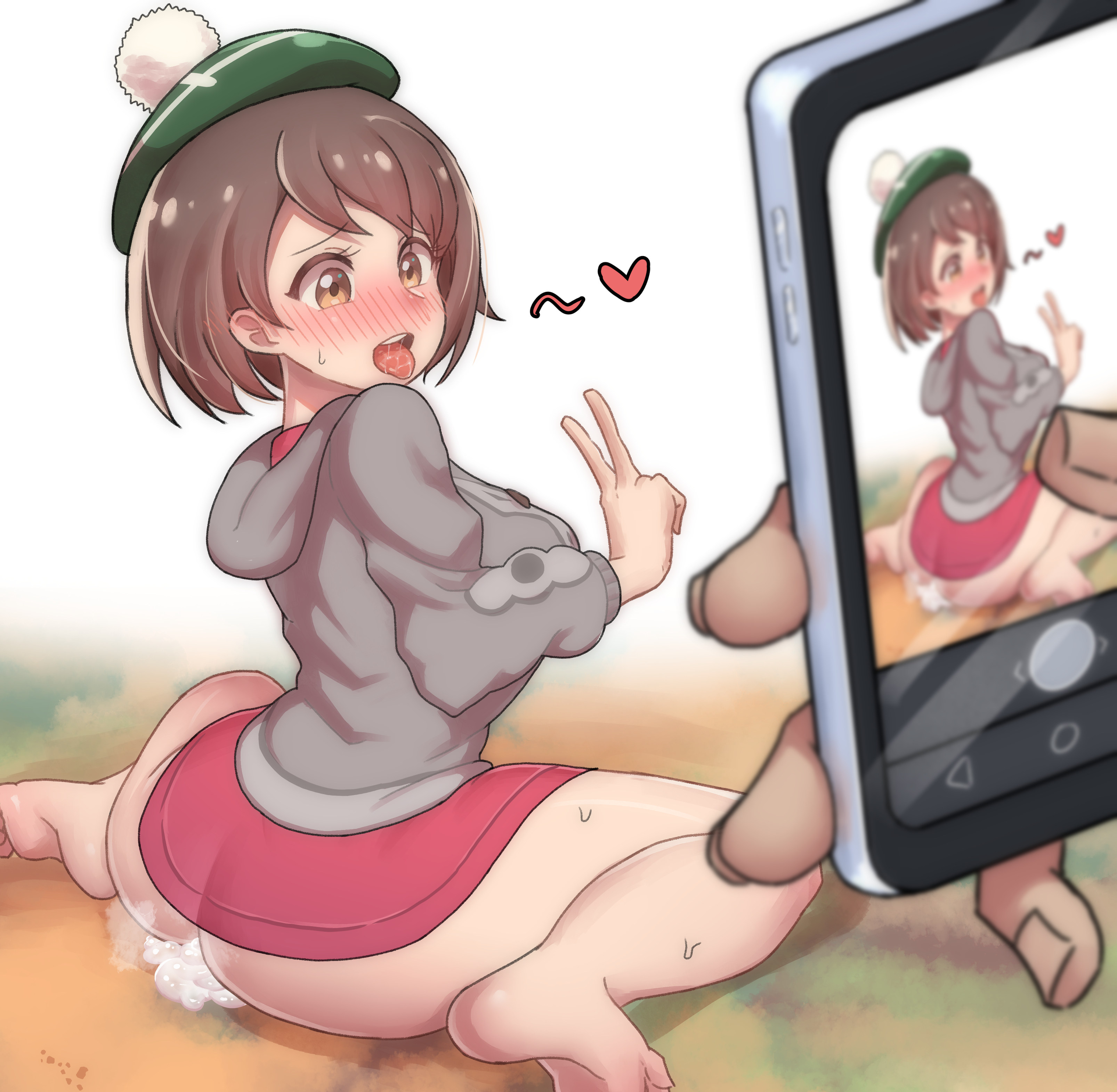 1girls, after sex, ambiguous gender, ass, beret, blush, brown hair, brown-haired female, clothing, creeeen, cum, cum inside, female, female focus, gloria (pokemon), hair, heart, nintendo, pokemon, pokemon ss, smartphone, solo focus, tongue, tongue out, v, video games, yellow eyes