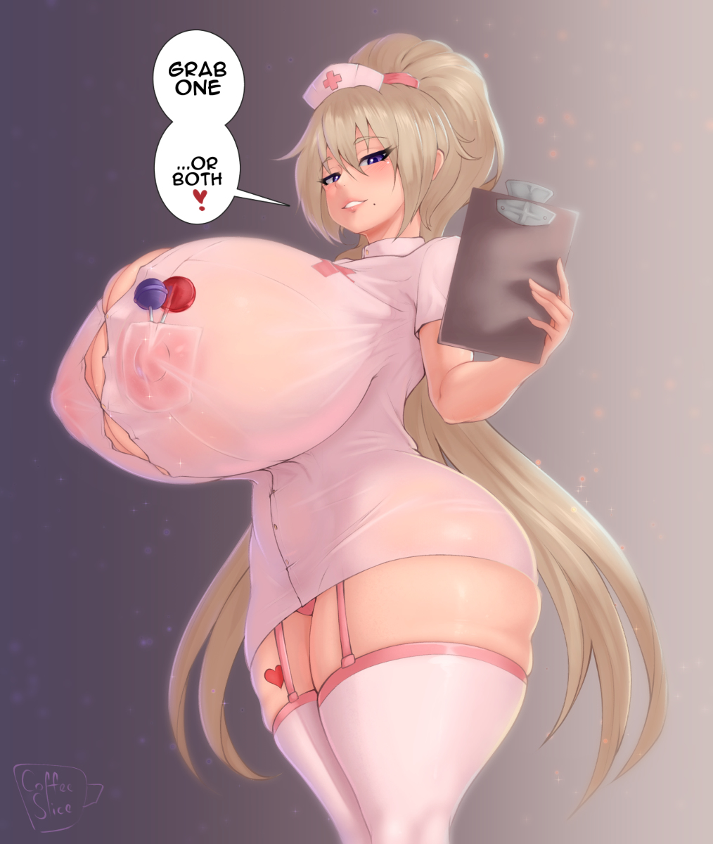1girls, alissa (boobydoody64), blonde hair, breasts, breasts bigger than head, bursting breasts, coffeeslice, female, female only, gigantic breasts, huge breasts, light skin, light-skinned female, looking at viewer, nurse, original, purple eyes, thick thighs, thighhighs, tight clothing, tight dress