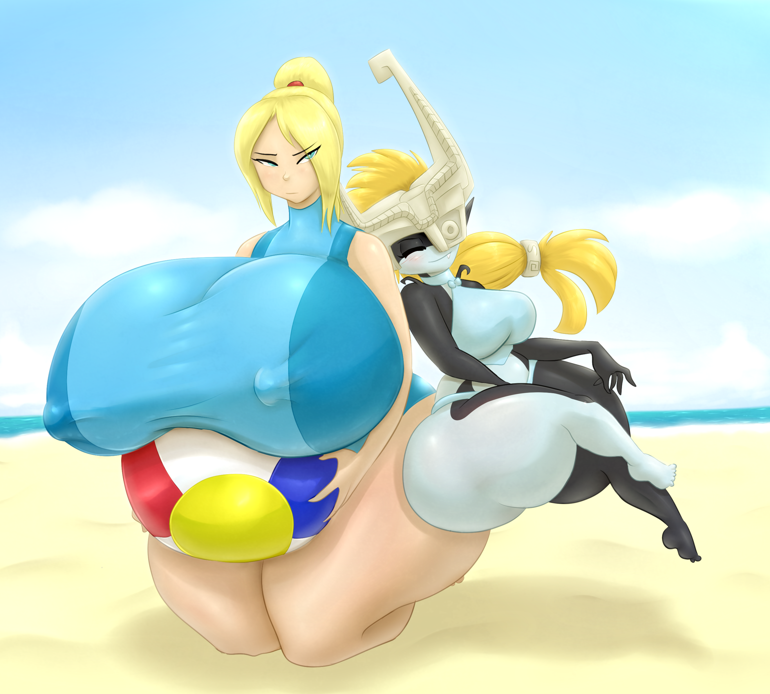 2girls, alternate breast size, alternate outfit, ass, beach ball, breasts, female, female only, gigantic breasts, huge ass, huge breasts, imp midna, marauder6272, metroid, midna, multiple females, multiple girls, nintendo, samus aran, shortstack, swimsuit, the legend of zelda, thick, thick thighs, twilight princess, wide hips