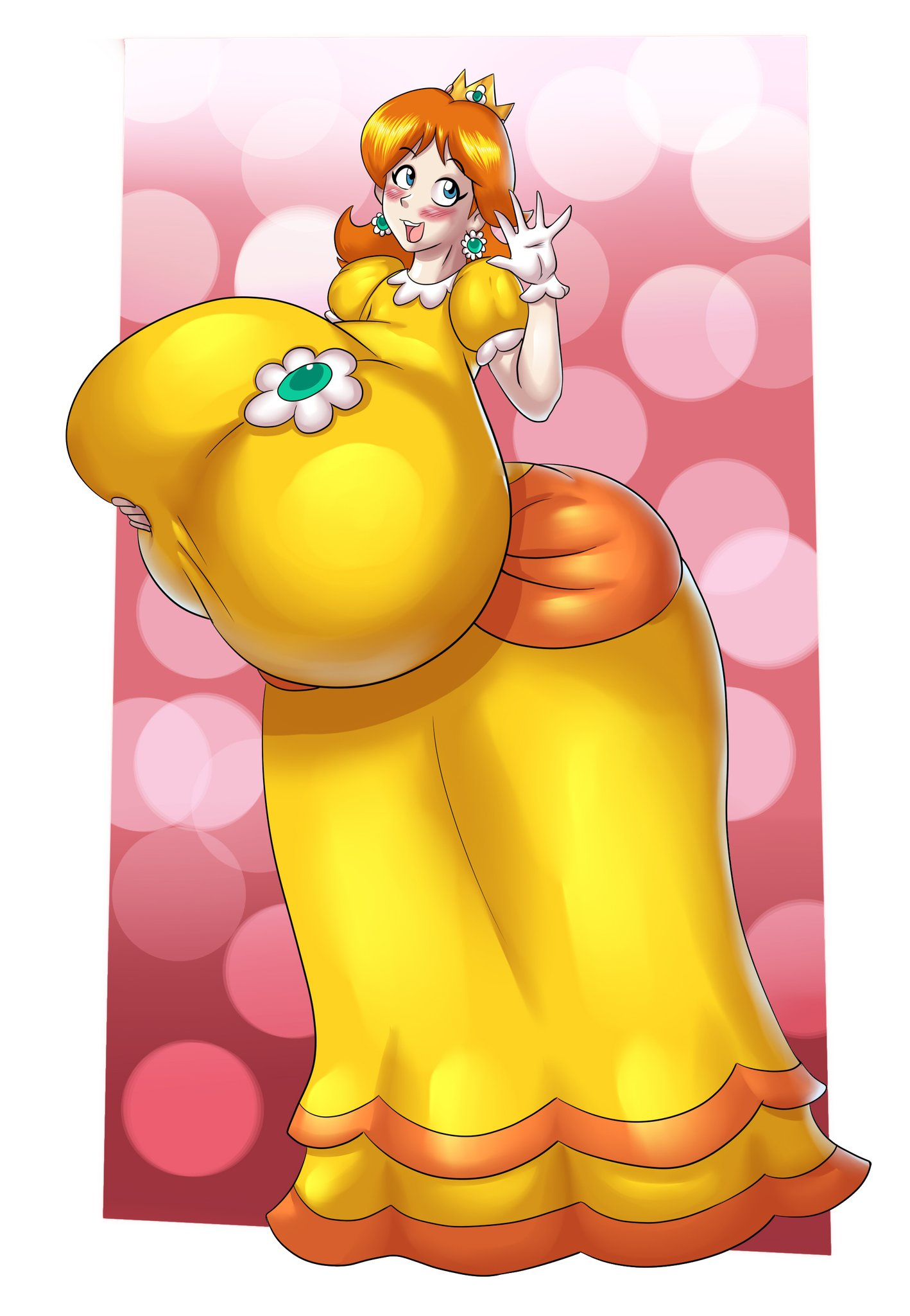 1girls, big breasts, breasts, breasts bigger than head, breasts bigger than torso, brown hair, enormous breasts, female, female only, gigantic breasts, huge breasts, hyper, hyper breasts, marauder6272, mario (series), nintendo, pink background, princess daisy, solo, solo female, standing, tagme, white border