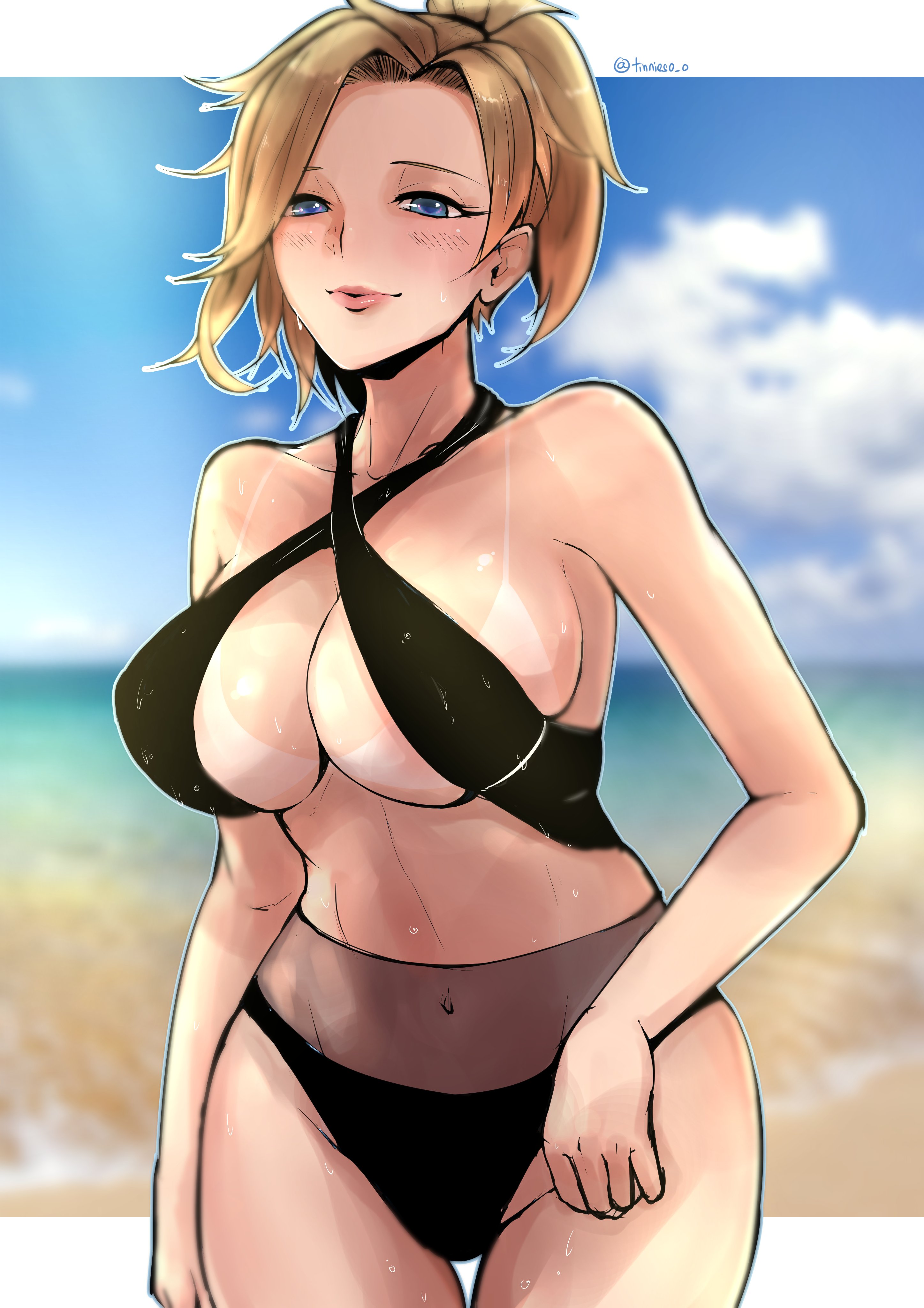 1girls, absurdres, big breasts, blonde hair, blue eyes, breasts, cleavage, female, female only, highres, large breasts, mercy, overwatch, solo, tanline, tinnies