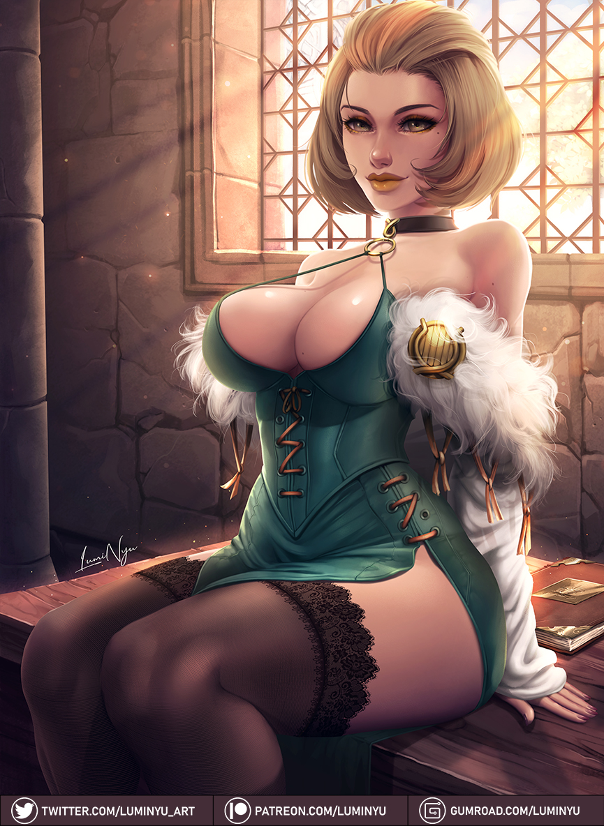 1girls, bare shoulders, blonde female, breasts, choker, cleavage, female, female focus, female only, fire emblem, fire emblem: three houses, fur, hips, large breasts, legs, luminyu, makeup, manuela casagranda, milf, nintendo, nintendo switch, solo, solo focus, teacher, thick thighs, thighhighs, thighs, tight dress, voluptuous, yellow eyes, yellow lipstick