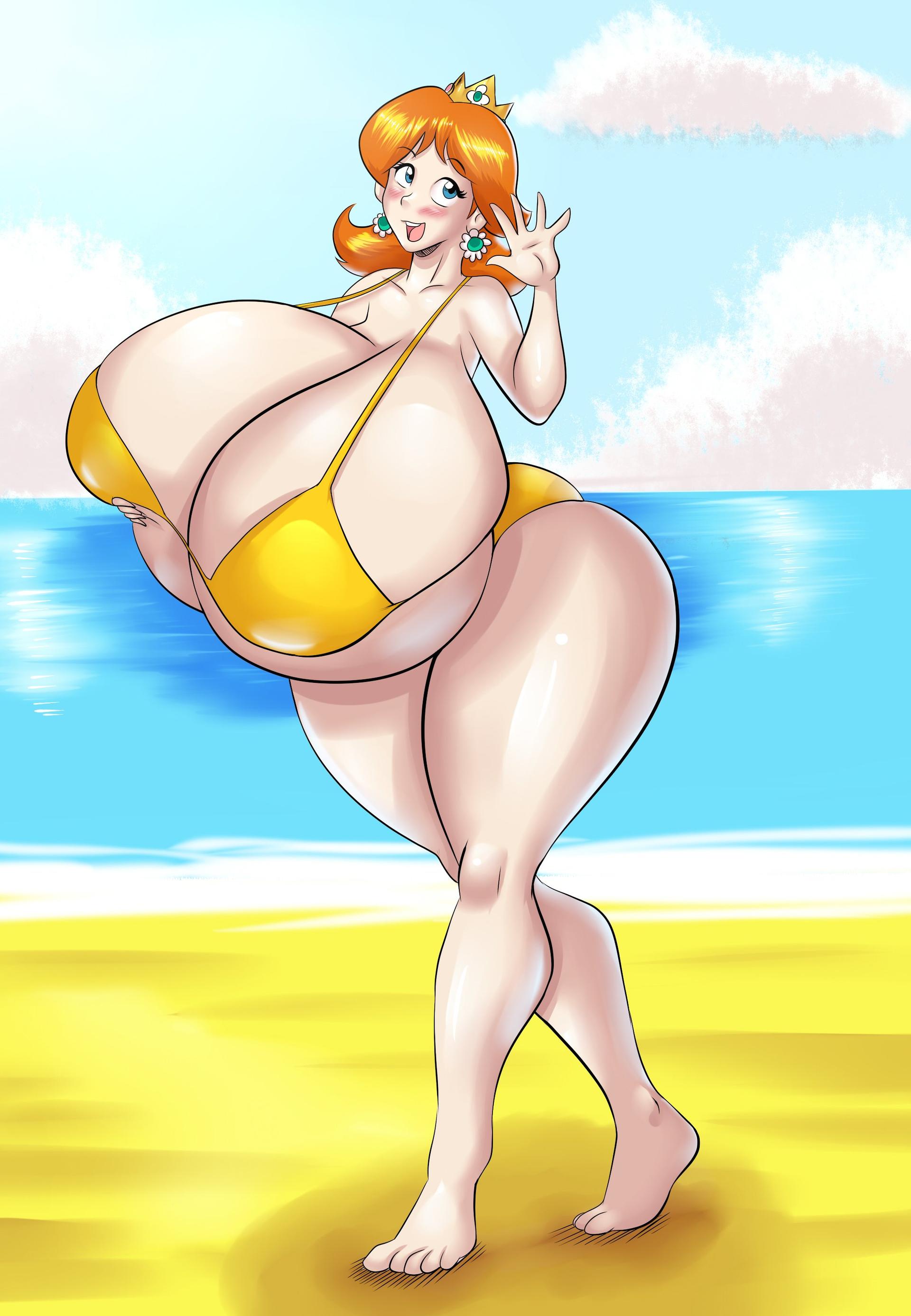 beach, big breasts, bikini, breasts, brown hair, female, huge breasts, marauder6272, mario (series), princess daisy
