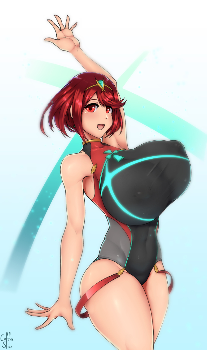1girls, breasts, coffeeslice, female, female only, huge breasts, nintendo, puffy nipples, pyra, red eyes, red hair, swimsuit, thick thighs, tight clothing, xenoblade (series), xenoblade chronicles 2