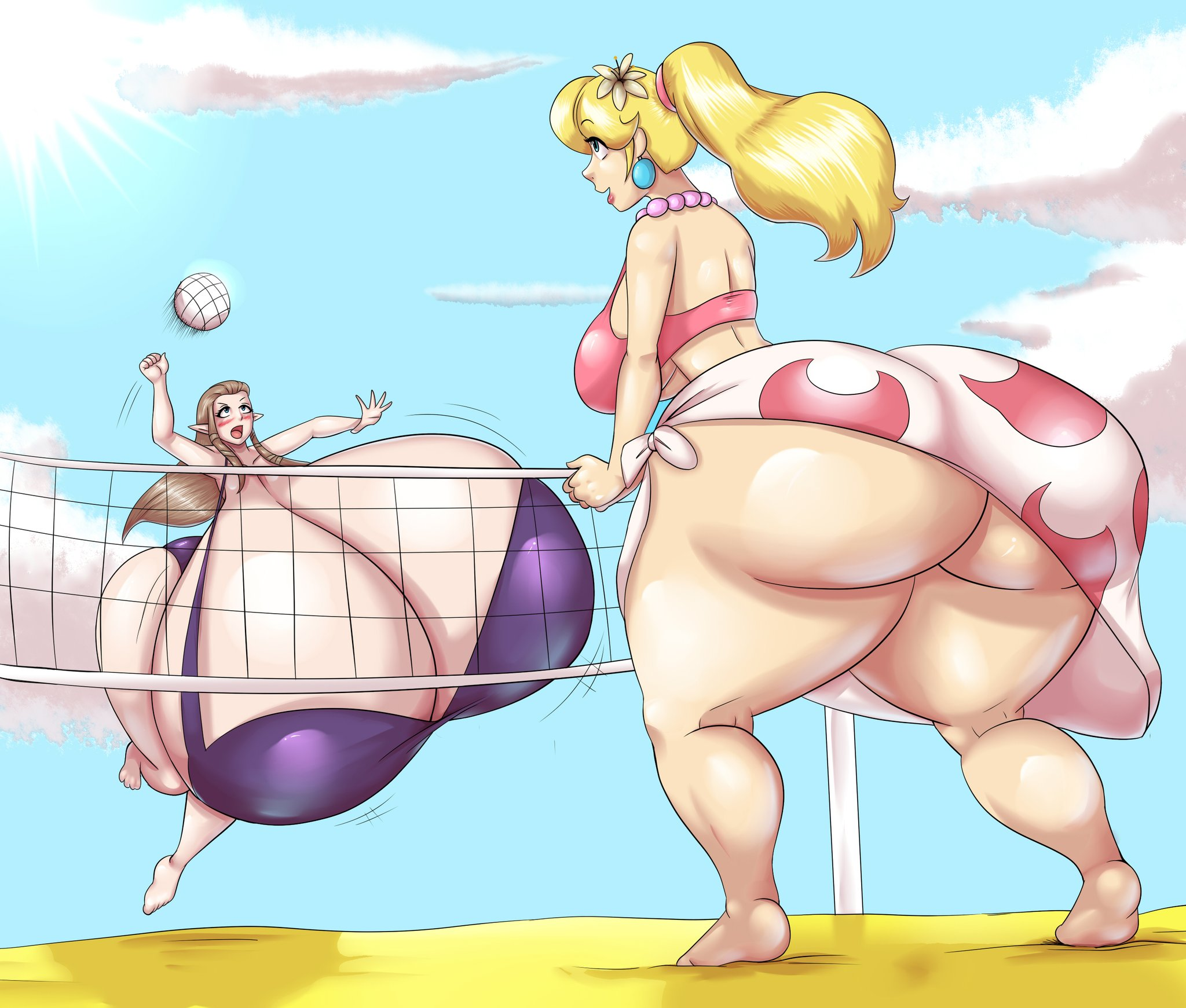 2girls, ass, ass bigger than breasts, ass size difference, ass vs breasts, beach, big ass, big breasts, big butt, bikini, blonde hair, bottom heavy, breast size difference, breasts, breasts bigger than ass, breasts bigger than head, breasts bigger than torso, brown hair, cleavage, death battle, duo, enormous ass, enormous breasts, female, female focus, female only, gigantic ass, hair, huge ass, huge breasts, human, hyper, hyper ass, hyper breasts, hyper thighs, large ass, marauder6272, mario (series), massive ass, nintendo, princess peach, princess peach (swimwear), princess zelda, super mario odyssey, swimsuit, the legend of zelda, thick thighs, top heavy, twilight princess, underboob, unrealistic proportions, volleyball, wide hips, zelda (twilight princess)