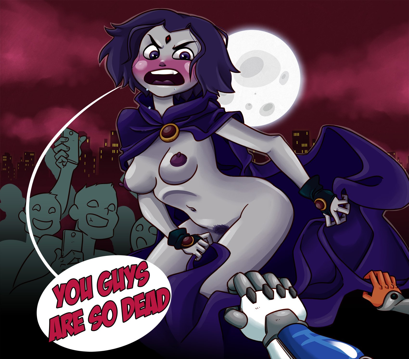 1boy, 1girls, areolae, assisted exposure, background, blush, breasts, cape, cartoon network, crowd, crowd taking pictures, curvy, cyborg (dc), dc, dc comics, embarrassed, embarrassed nude female, enf, enf-lover, erect nipples, exposed, exposed nipples, exposed pussy, female, femsub, fingerless gloves, forehead jewel, humiliation, koriand'r, male, medium breasts, navel, nipples, nude, pale skin, phone, pubic hair, public, public humiliation, public nudity, purple eyes, purple hair, pussy, rachel roth, raven (dc), recording embarrassing event, short hair, speech bubble, standing, starfire, teen titans, thick thighs, uncensored, unshaved pussy, wide hips