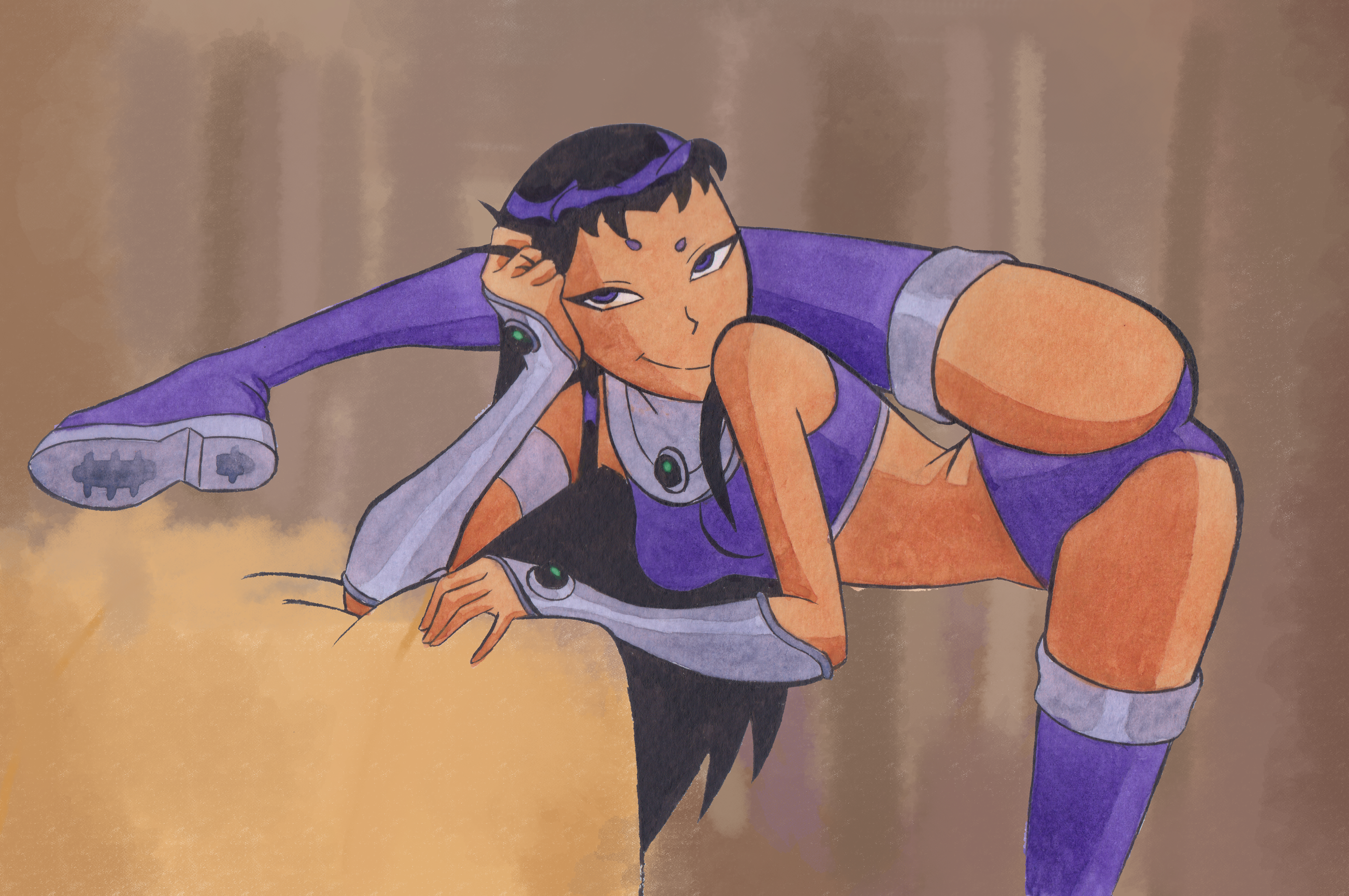 2d, ass, blackfire, boots, clothed, clothing, dc, dc comics, female, komand'r, legs, long boots, long hair, panties aside, smile, spread legs, straight hair, stuff18over, tan skin, tan-skinned female, teen titans, thigh boots, thighhigh boots, wide hips