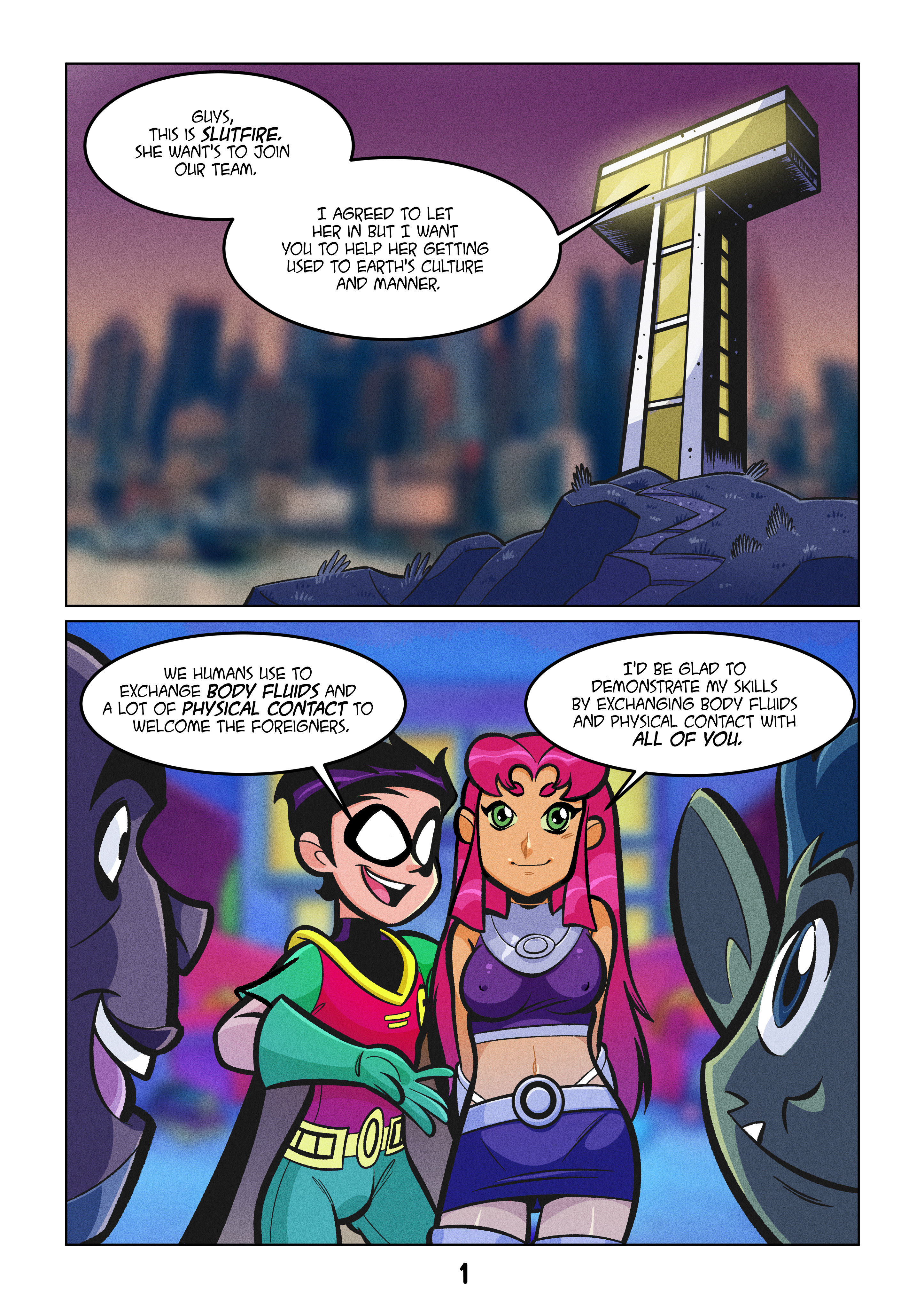 alien girl, beast boy, cyborg (dc), dc, dc comics, dick grayson, female, green eyes, male, miniskirt, navel, nipple bulge, pink hair, robin (dc), robin (dick grayson), starfire, teen titans, teenager, tekuho, thighhighs