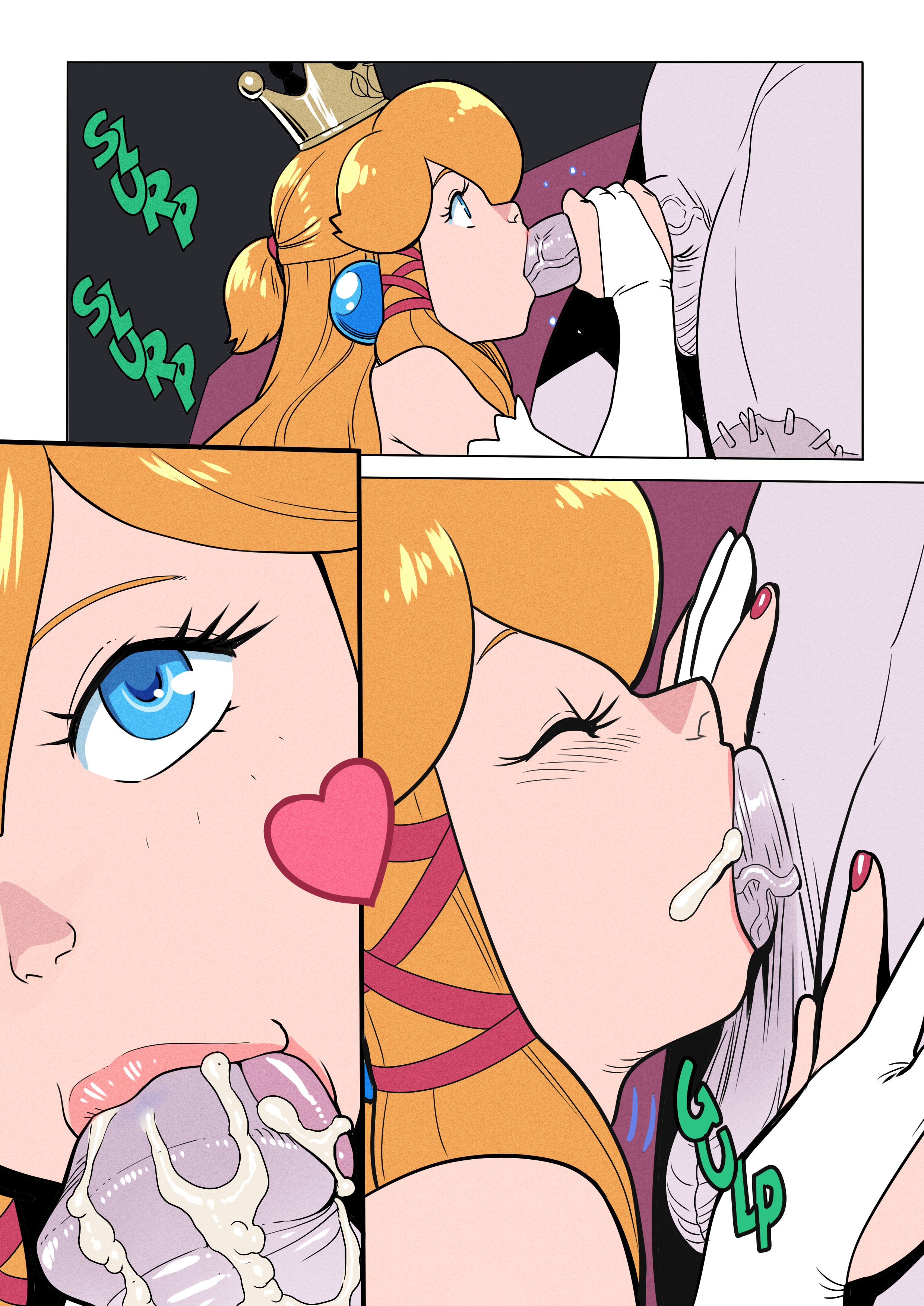 :>=, 1boy, 1girls, blonde hair, blowjob, blue eyes, breasts, cock hungry, comic, crown, cum, cum in mouth, cum inside, cum on cheek, cum on face, cum on tongue, deepthroat, donkey kong (arcade), dress, earrings, ejaculation, fellatio, female, handjob, heart, large breasts, licking penis, long hair, looking at viewer, looking pleasured, male, male pov, mario (series), naughty face, nintendo, oral, oral sex, penis, pink dress, pleasure face, pov, pov eye contact, princess, princess peach, sex, swallowing, swallowing cum, tekuho, thighhighs, tight throat, veiny penis