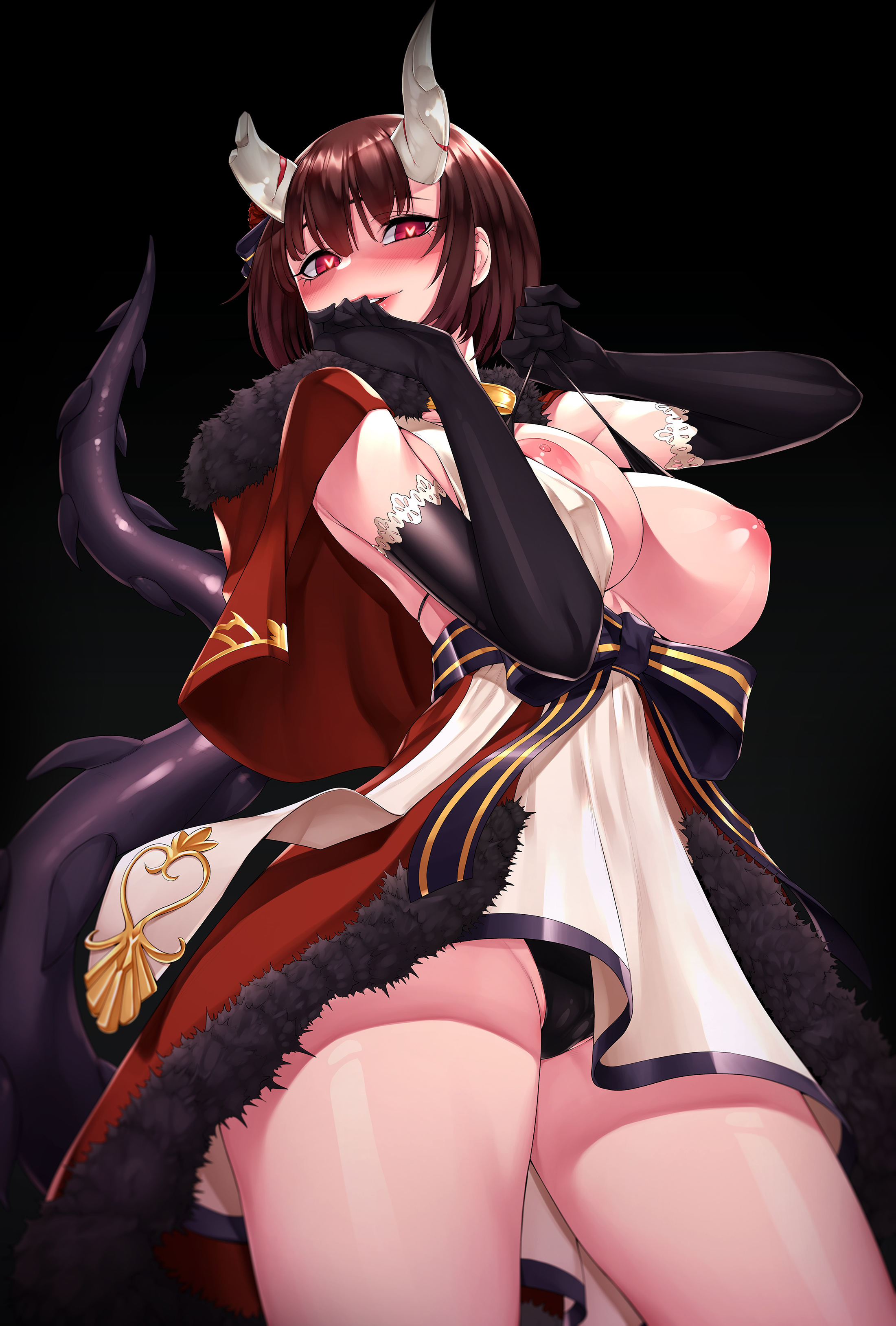 absurdres, akchu, bangs, black gloves, black panties, blush, bra, bra pull, breasts, broken horn, brown hair, capelet, commentary request, dress, elbow gloves, eriko (princess connect!), female, fur trim, gloves, heart, heart-shaped pupils, highres, horns, large breasts, looking at viewer, nipples, panties, princess connect!, princess connect! re:dive, purple eyes, red capelet, spiked tail, symbol-shaped pupils, tail, underwear