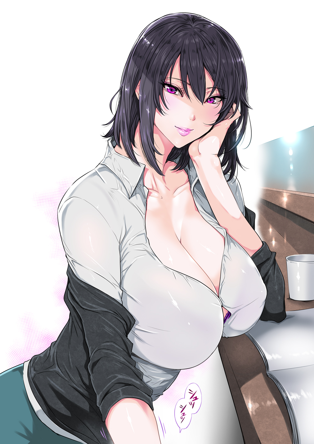 1girls black_hair blush book bra breasts bursting_breasts cleavage collarbone cup erect_nipples eye_contact eyelashes eyeshadow fei_(maidoll) female handjob highres huge_breasts large_breasts lips lipstick looking_at_another looking_at_viewer makeup my_teen_romantic_comedy_snafu penis pink_eyes pink_lips pink_lipstick pov pov_eye_contact purple_bra purple_eyes school_uniform seductive_smile shiny shiny_skin short_hair smile solo table thick_lips underwear yukinoshita_haruno