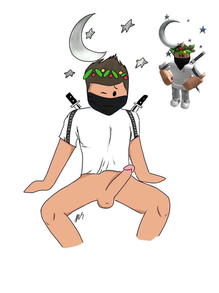 1boy artist_signature balls bandana black_bandana black_mask bottomless brown_hair crescent_moon half_naked holiday_crown looking_down male male_only mask no_pants noobstruck one_eye_closed penis roblox roblox_avatar short_hair simple_background sitting sitting_down solo solo_male stars sword swords t-shirt tan-skinned_male tan_skin white_background white_shirt