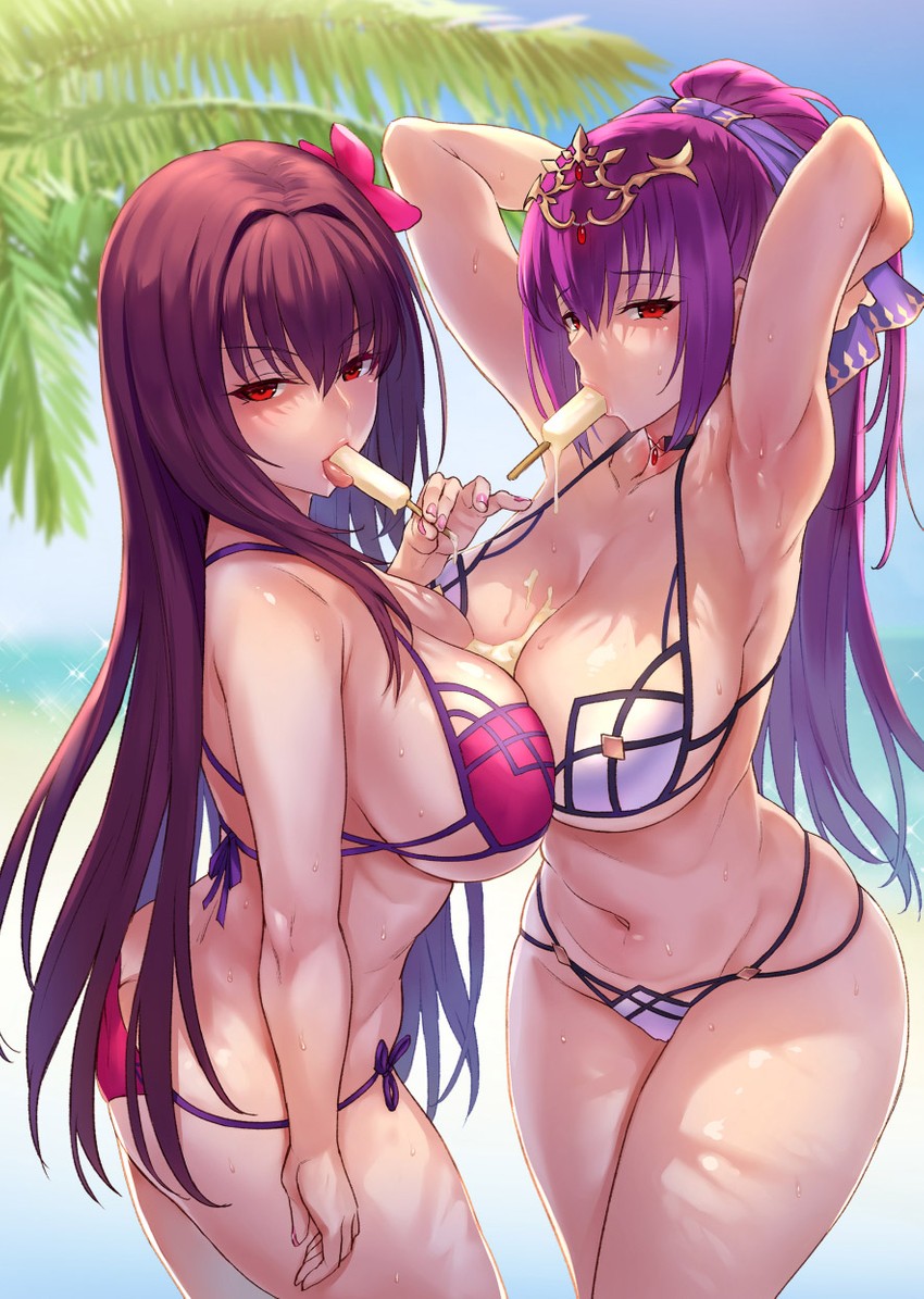 2girls alternate_color arms_behind_head arms_up ass ass_cleavage asymmetrical_docking bangs bare_shoulders beach bikini blush bracelet breast_press breasts butt_crack cleavage collarbone cowboy_shot eyebrows_visible_through_hair fate/grand_order fate_(series) flower hair_between_eyes hair_flower hair_ornament hibiscus holding ice_cream jewelry large_breasts mouth_hold multi-strapped_bikini multiple_girls outdoors purple_bikini purple_hair red_eyes scathach_(fate) scathach_(swimsuit_assassin) scathach_skadi skindentation sucking suggestive_food tiara very_long_hair violet_hair voluptuous zhen_lu