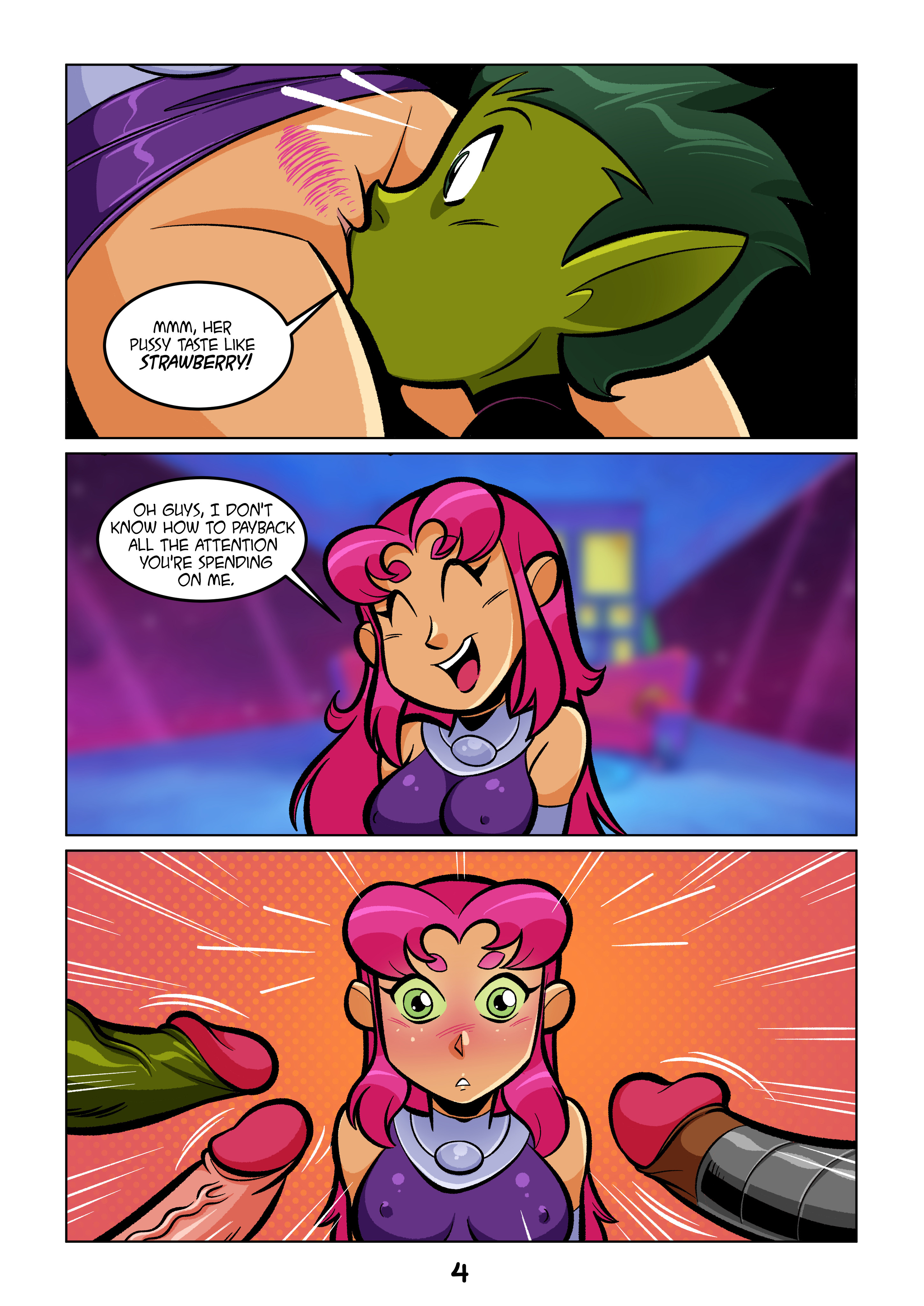 alien girl, beast boy, blush, cunnilingus, cyborg (dc), dc, dc comics, dick grayson, female, green eyes, imminent oral, imminent sex, male, miniskirt, navel, nipple bulge, oral, penis, pink hair, pubic hair, robin (dc), robin (dick grayson), skirt lift, smile, starfire, surprise, surprised, teen titans, teenager, tekuho, thighhighs