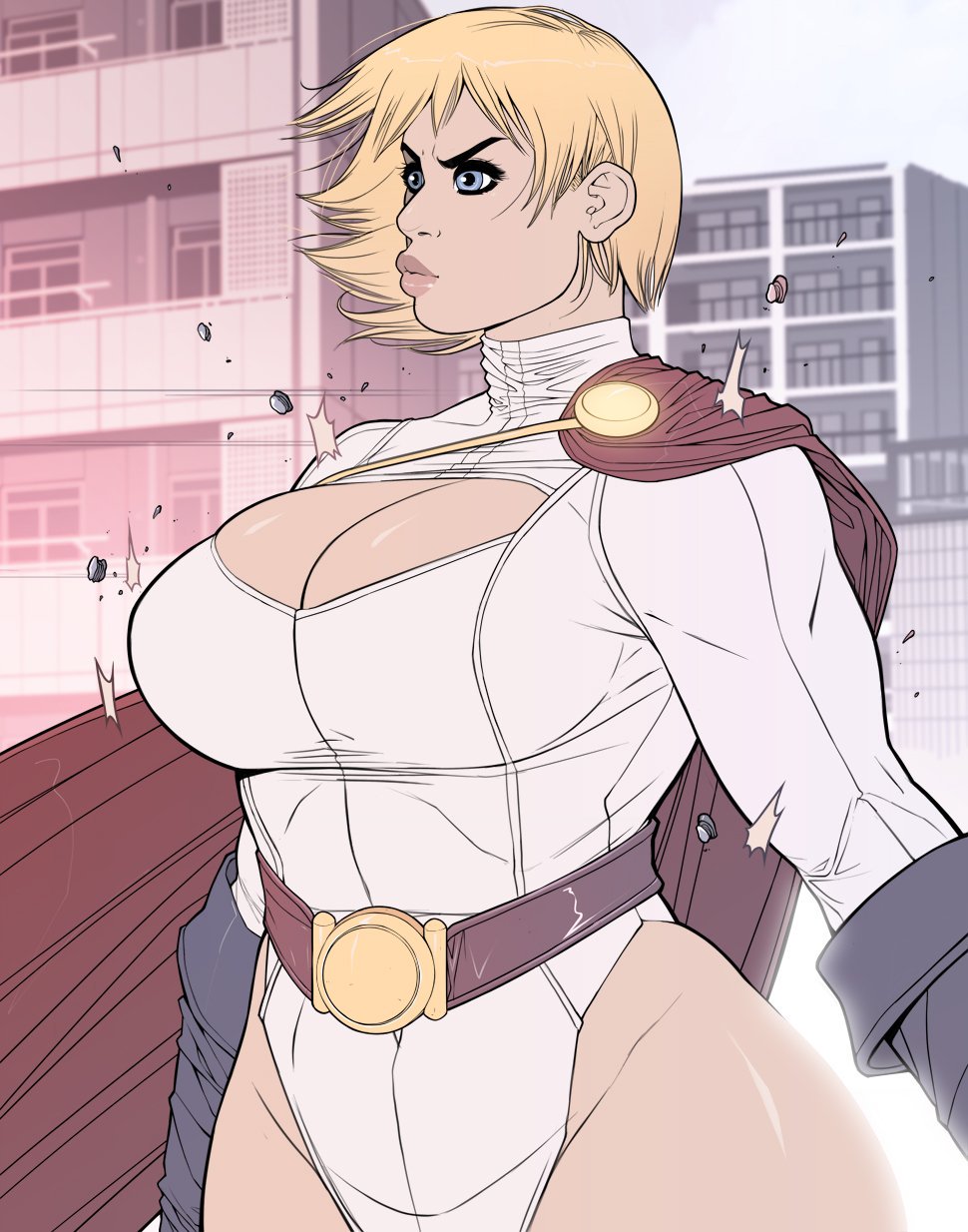 1girls, blonde hair, blue eyes, breasts, bullet, busty, cleavage, cleavage cutout, clothed, clothed female, clothes, clothing, dc, dc comics, female, female only, karen starr, msperoni, muscular, muscular female, power girl, shooting, short hair, solo, standing, superheroine, superman (series), thick lips, thick thighs, triplexmile, uncensored, wide hips