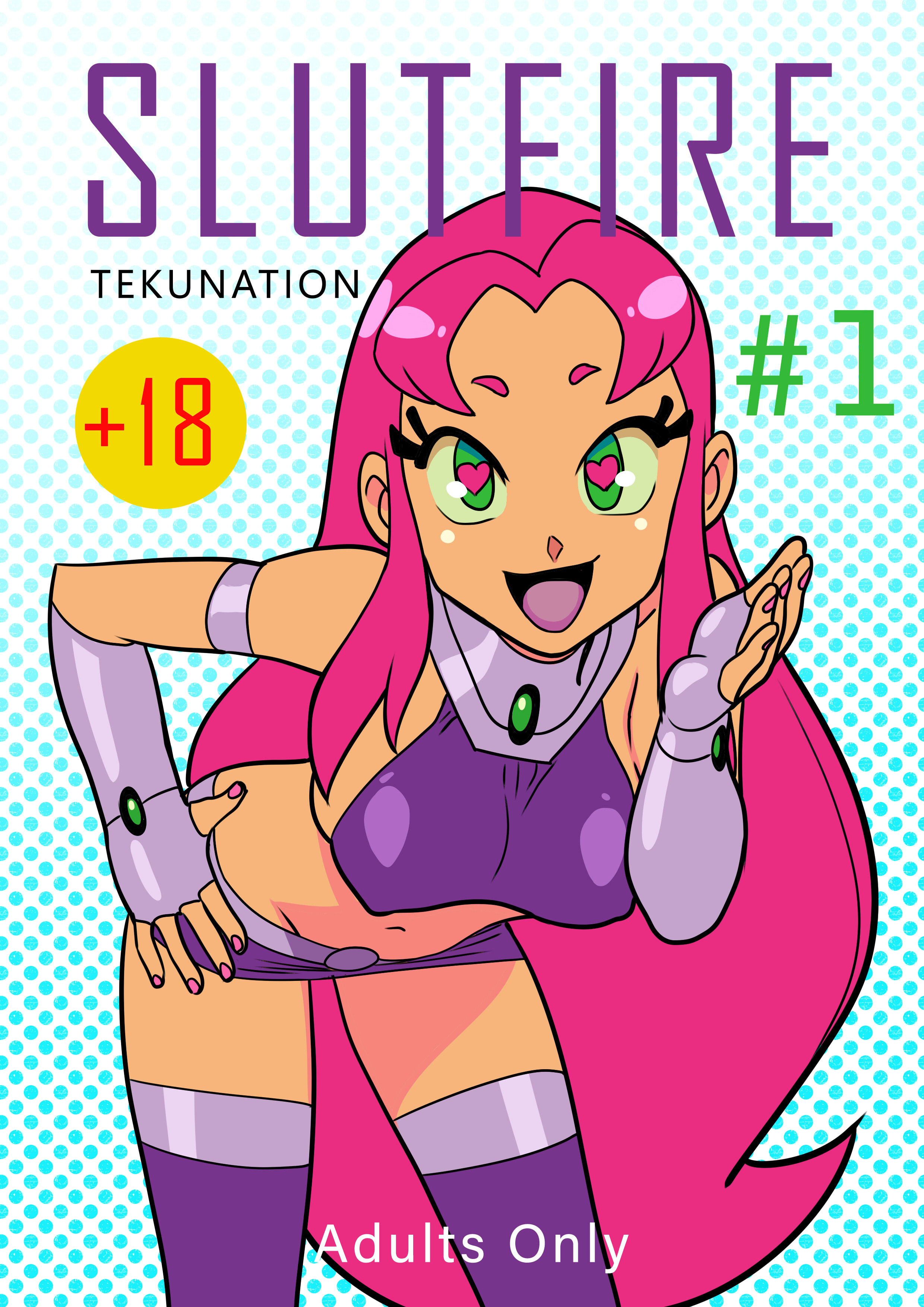 1girls, alien girl, alternate version available, bending forward, bending over, bent over, breasts, dc, dc comics, female, green eyes, hand in front of face, hand on hip, hanging breasts, heart-shaped pupils, large breasts, leaning forward, miniskirt, navel, nipple bulge, open mouth, pink hair, skirt, solo, starfire, teen titans, teen titans go, teenager, tekuho, thighhighs, tongue