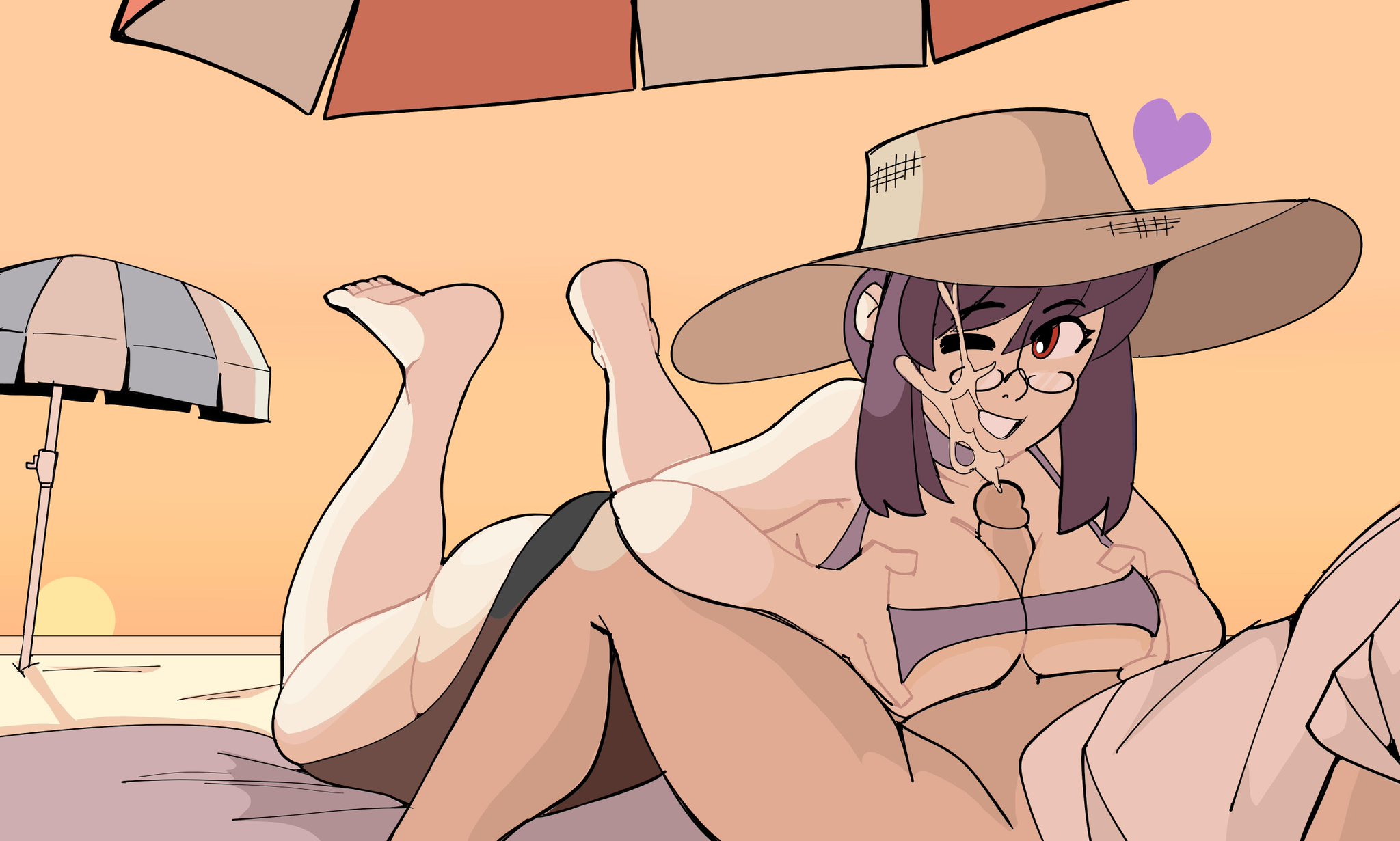 1boy, 1girls, beach, big breasts, breasts, character request, cum, cum on face, cumshot, feet, female, happy, happy paizuri, male, paizuri, paizuri under clothes, ragingbarbarians, smile, swimsuit
