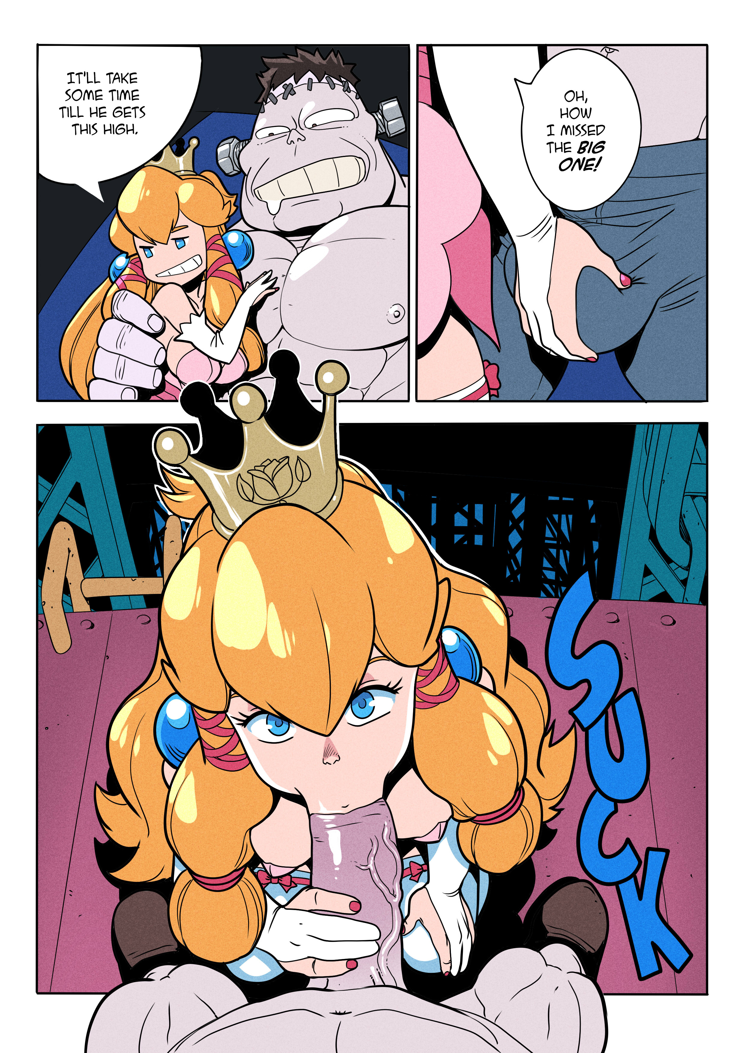 :>=, blonde hair, blowjob, blue eyes, breasts, cheating girlfriend, cock hungry, comic, cuckold, donkey kong (arcade), dress, fellatio, female, handjob, kneeling, large breasts, long hair, looking at viewer, male, male pov, mario (series), naughty, naughty face, nintendo, on knees, oral, oral sex, penis, penis grab, pink dress, pleasure face, pov, pov eye contact, princess, princess peach, sex, sucking, tekuho, thigh highs, thighhighs, tight throat, white legwear, white thighhighs