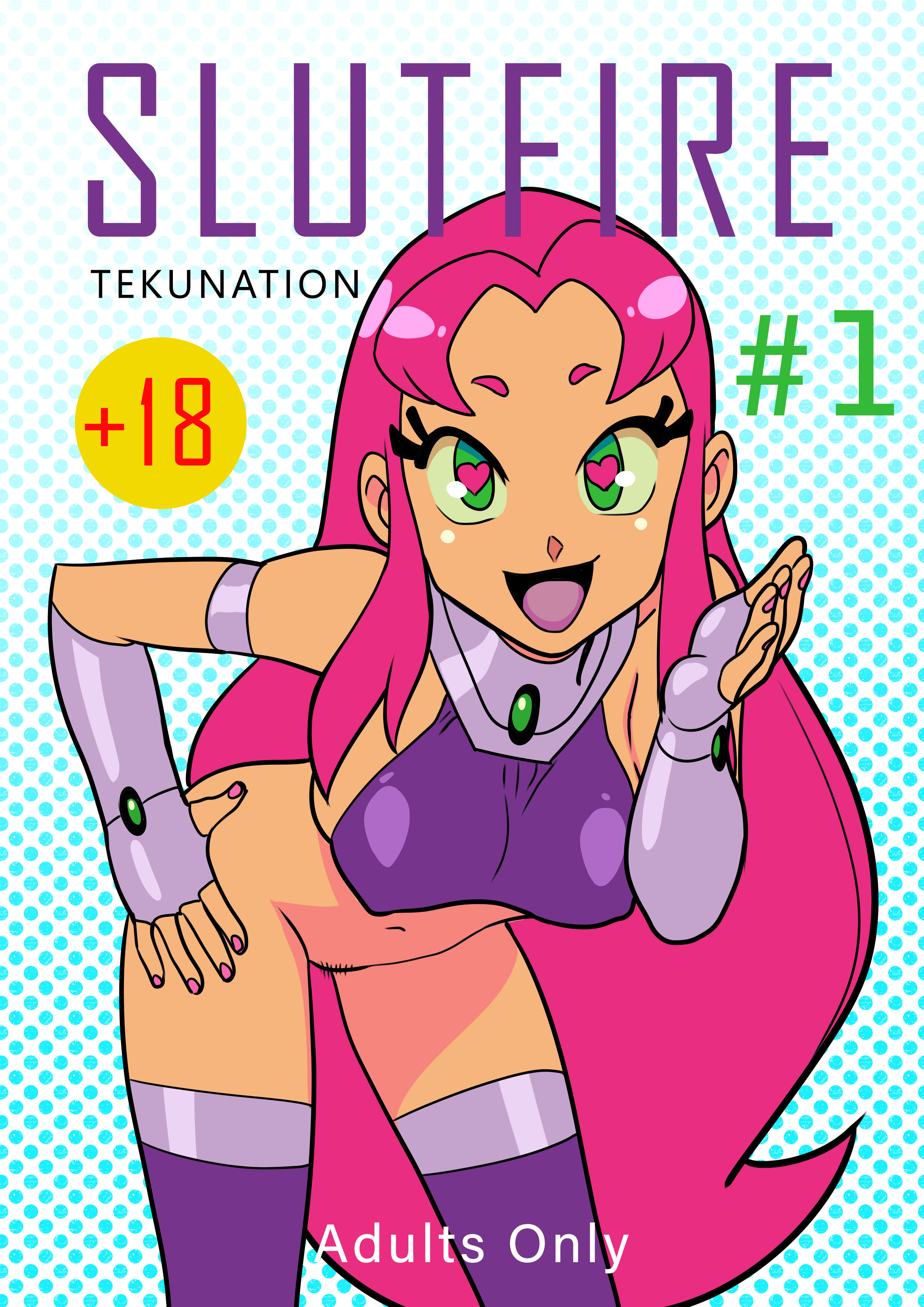 1girls, alien girl, alternate version available, bent over, bottomless, breasts, dc, dc comics, female, green eyes, hand on hip, hanging breasts, heart-shaped pupils, large breasts, leaning forward, miniskirt, navel, nipple bulge, open mouth, pink hair, pubic hair, solo, starfire, teen titans, teen titans go, teenager, tekuho, thighhighs, tongue