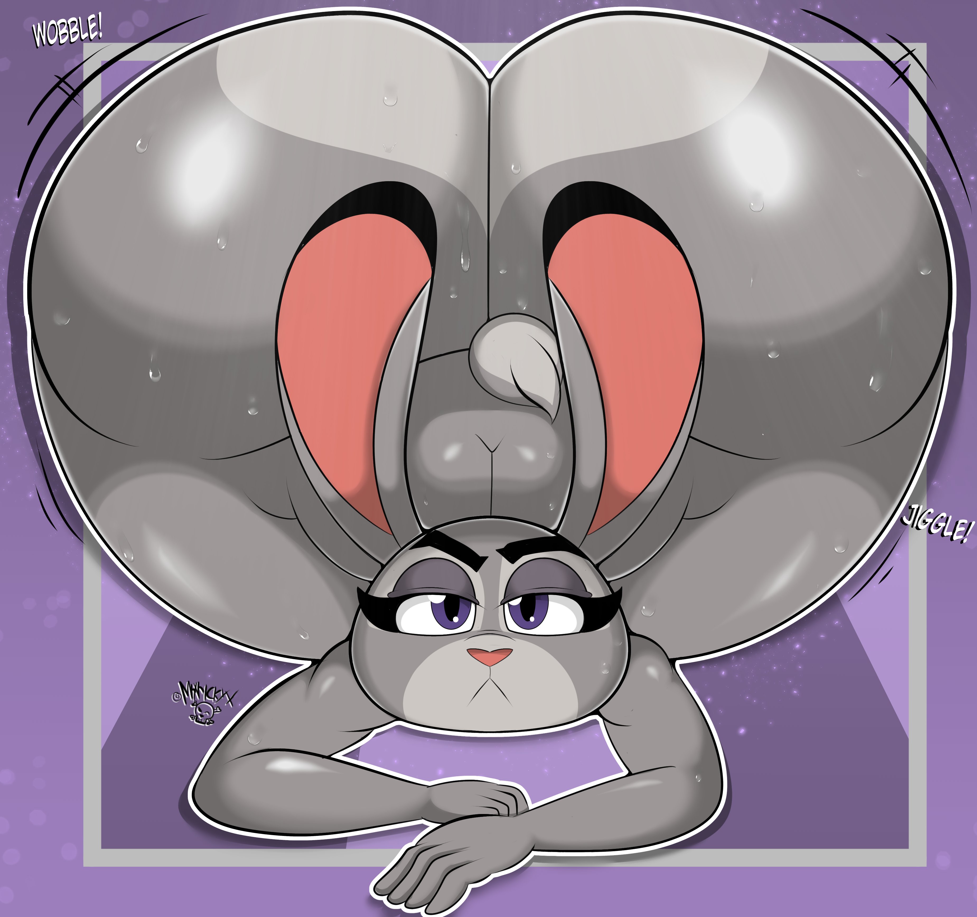 1girls, anthro, ass, ass up, big ass, bottom heavy, bubble ass, bubble butt, face down ass up, fat ass, female, female only, front view, huge ass, judy hopps, lagomorph, large ass, looking at viewer, mrxrickyx, nude, nude female, purple eyes, rabbit, solo, sweat, textless, thick thighs, wide hips, zootopia