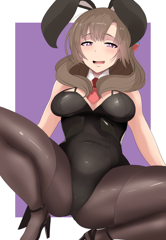 1girls, 2019, 2d, 2d (artwork), ass, big ass, blush, breasts, brown hair, bunny ears, bunny girl, bunnysuit, cleavage, clothed, clothed female, eye contact, fake ears, female, female only, half-closed eyes, high heels, lainart, light skin, light-skinned female, long hair, looking at viewer, milf, necktie, no sex, oosuki mamako, open mouth, pantyhose, purple background, purple eyes, questionable, shoes, smile, solo, solo female, spread legs, squatting, thick thighs, tsuujou kougeki ga zentai kougeki de ni-kai kougeki no okaasan wa suki desu ka?, wavy hair, white border, wide hips