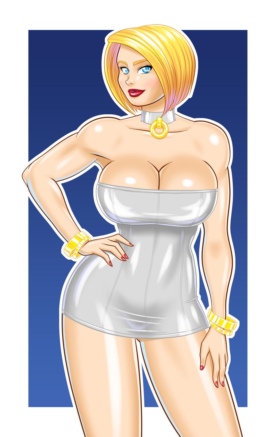 ass_visible_through_thighs bare_arms bare_legs bare_shoulders biceps big_breasts blonde_hair blue_eyes bluebullpen bracelet breasts busty choker cleavage collar curvaceous dc hand_on_hip lipstick nail_polish pinup pose posing power_girl short_dress short_hair standing superman_(series) tagme thick_eyebrows thick_thighs wide_hips