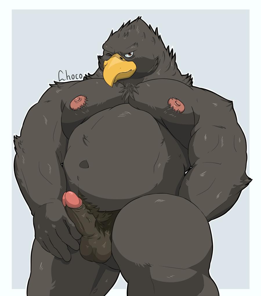 2019 5_fingers accipitrid accipitriform avian balls beak belly biceps big_biceps big_muscles big_pecs bird black_hair black_penis blinking brown_fur chococlass colored eagle feathers fingers fur hair hand_behind_back horny_(disambiguation) huge_muscles humanoid_penis male male_only musclegut muscular muscular_male nipples nude pecs penis pink_nipples pubes simple_background slightly_chubby smile solo