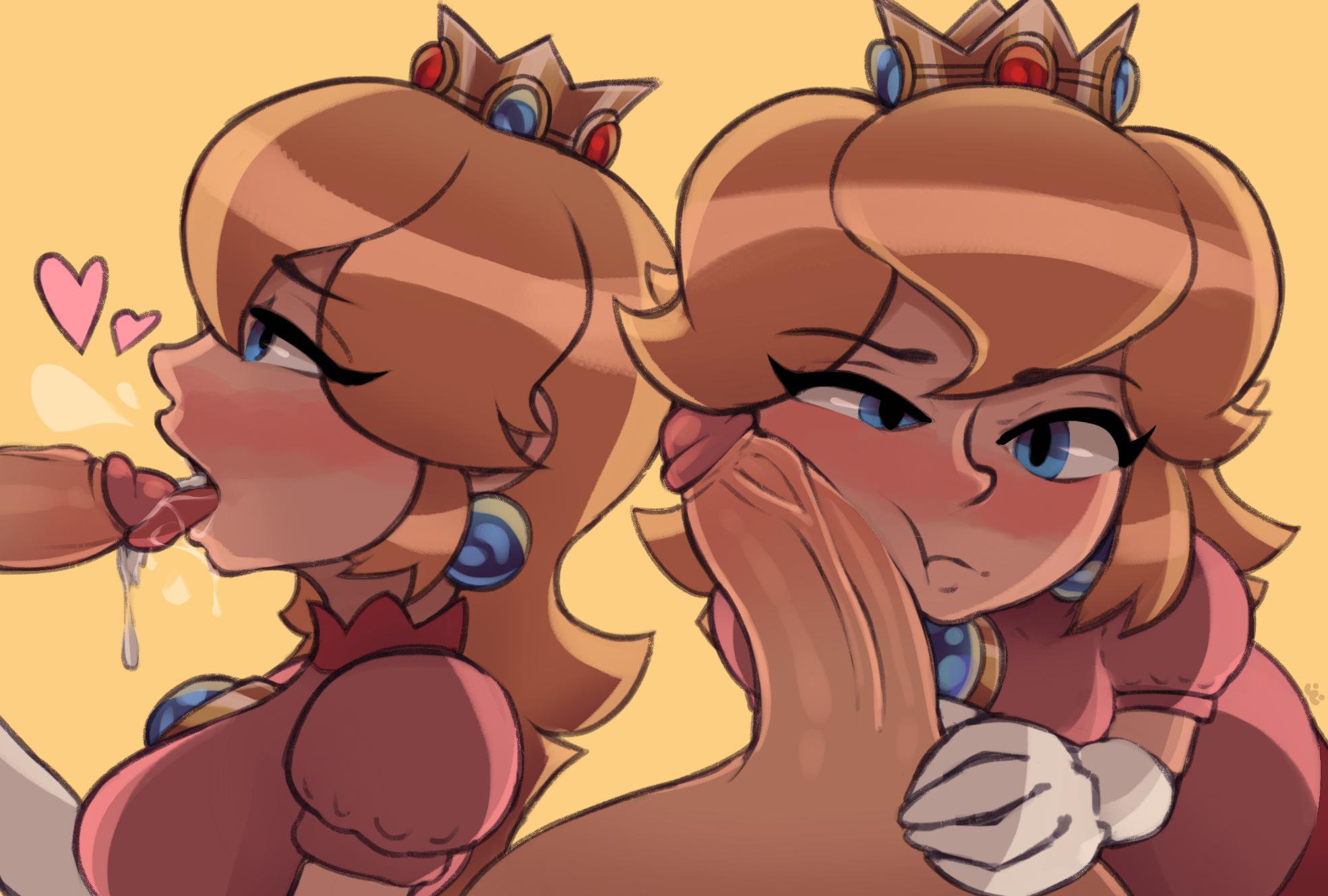 1boy, 1girls, blonde hair, blue eyes, blush, clothed, clothed female nude male, clothing, crown, cum, cum in mouth, dress, earrings, erection, faceless male, fellatio, female, glans, gloves, heart, human, licking, licking penis, long hair, male, mario (series), multiple views, nintendo, nude, open mouth, oral, penis, penis lick, penis on cheek, penis on face, pink dress, precum, princess peach, simple background, superwagon64, tongue, tongue out, vein, veiny penis, white gloves, yellow background