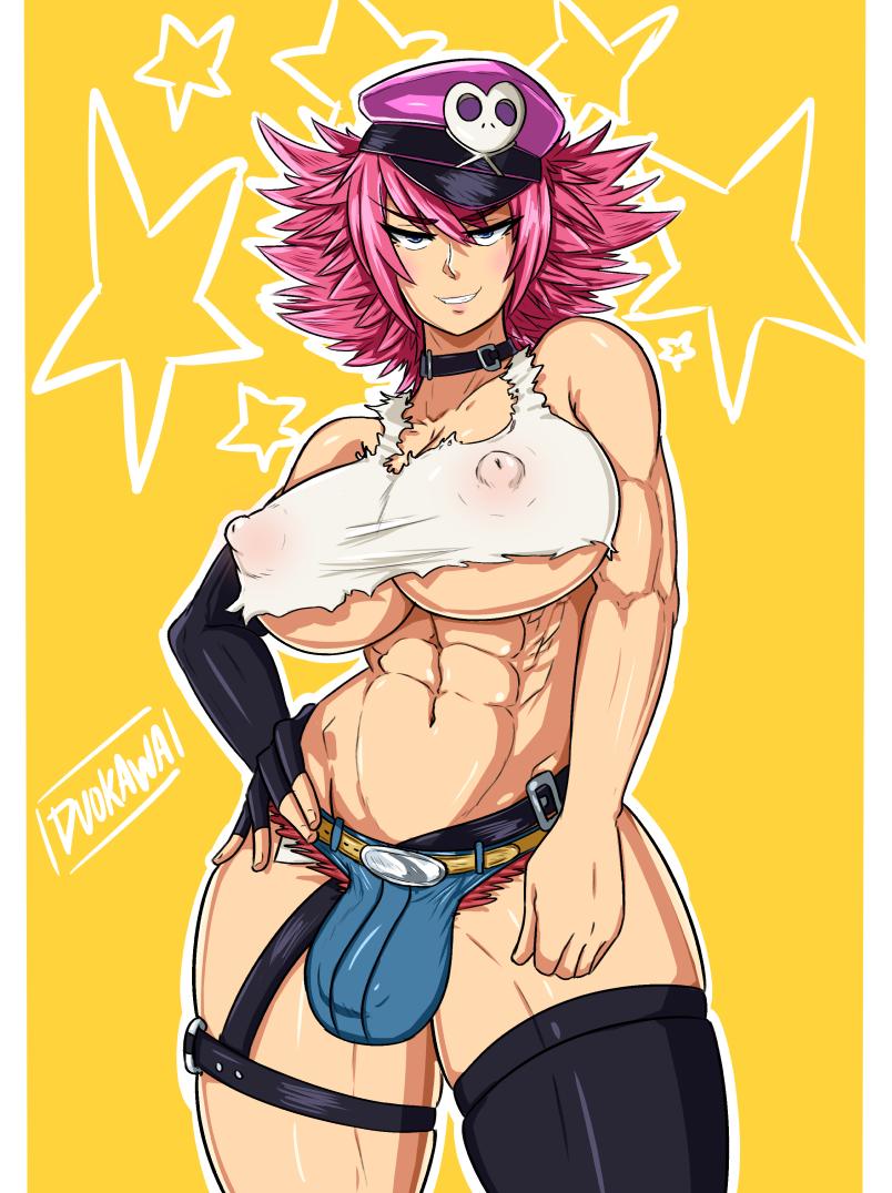 1futa, abs, areolae, belt, big breasts, blue eyes, breasts, bulge, dickgirl, duo kawa, erect nipples, final fight, futa only, futanari, hat, intersex, large breasts, looking at viewer, nipples, pink hair, poison (final fight), see-through, see-through clothing, see-through shirt, shirt, solo, street fighter, street fighter v, thighhighs