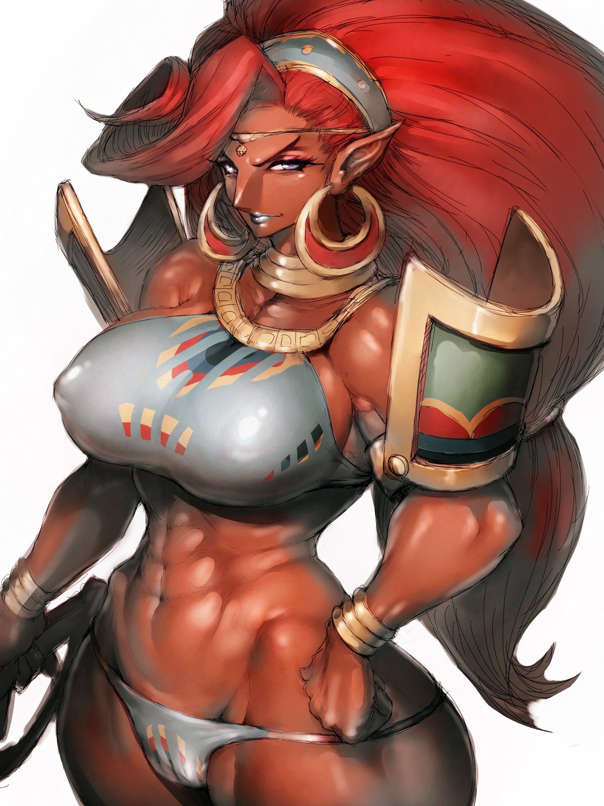 1girls, abs, big breasts, breasts, breath of the wild, cleavage, dark skin, dark-skinned female, female, female only, fumio (rsqkr), gerudo, large breasts, looking at viewer, muscles, muscular, muscular female, solo, the legend of zelda, urbosa